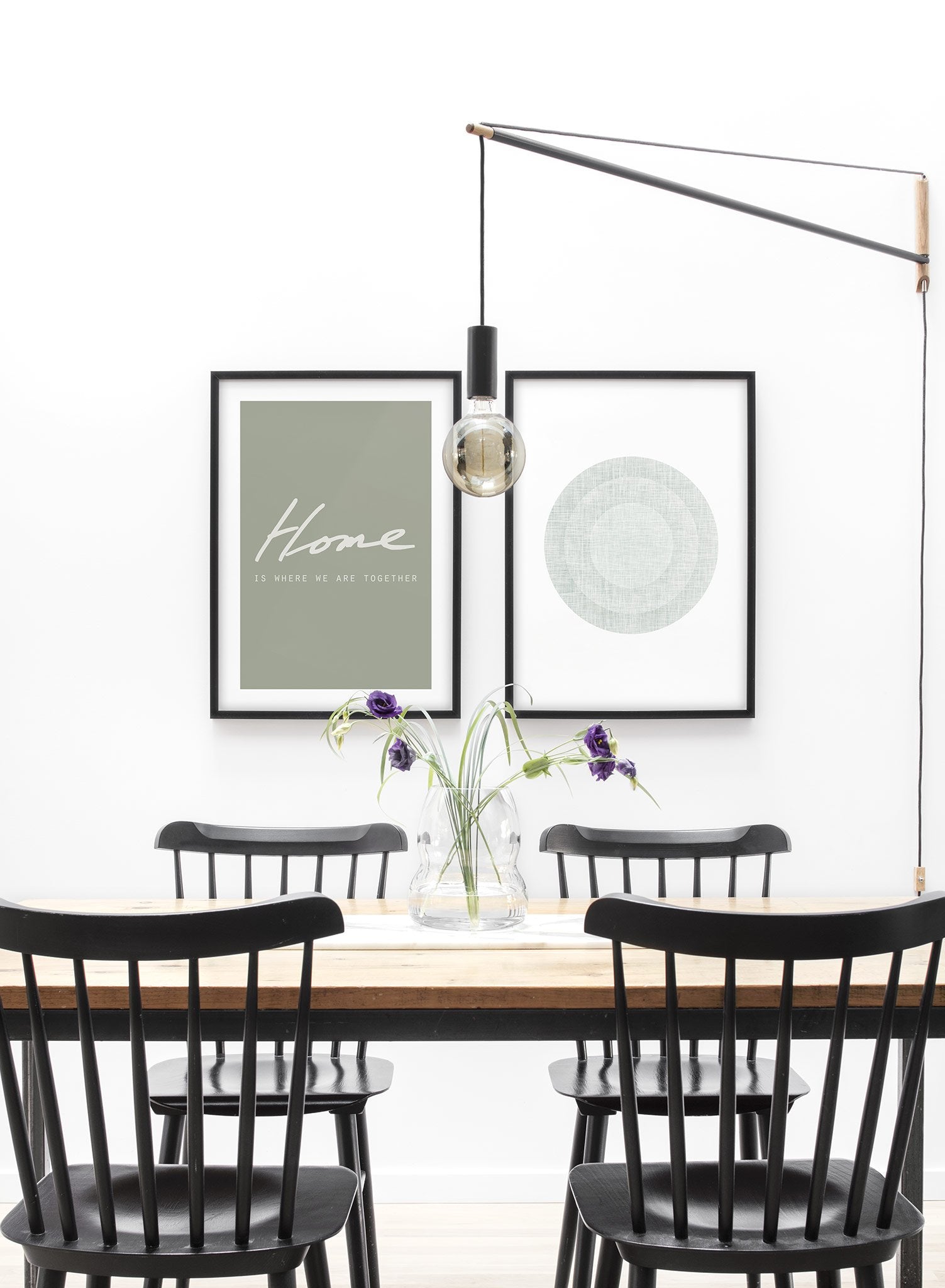 Scandinavian poster with black and white graphic typography design of home is where we are together in green by Opposite Wall - Lifestyle Duo - Dining Room