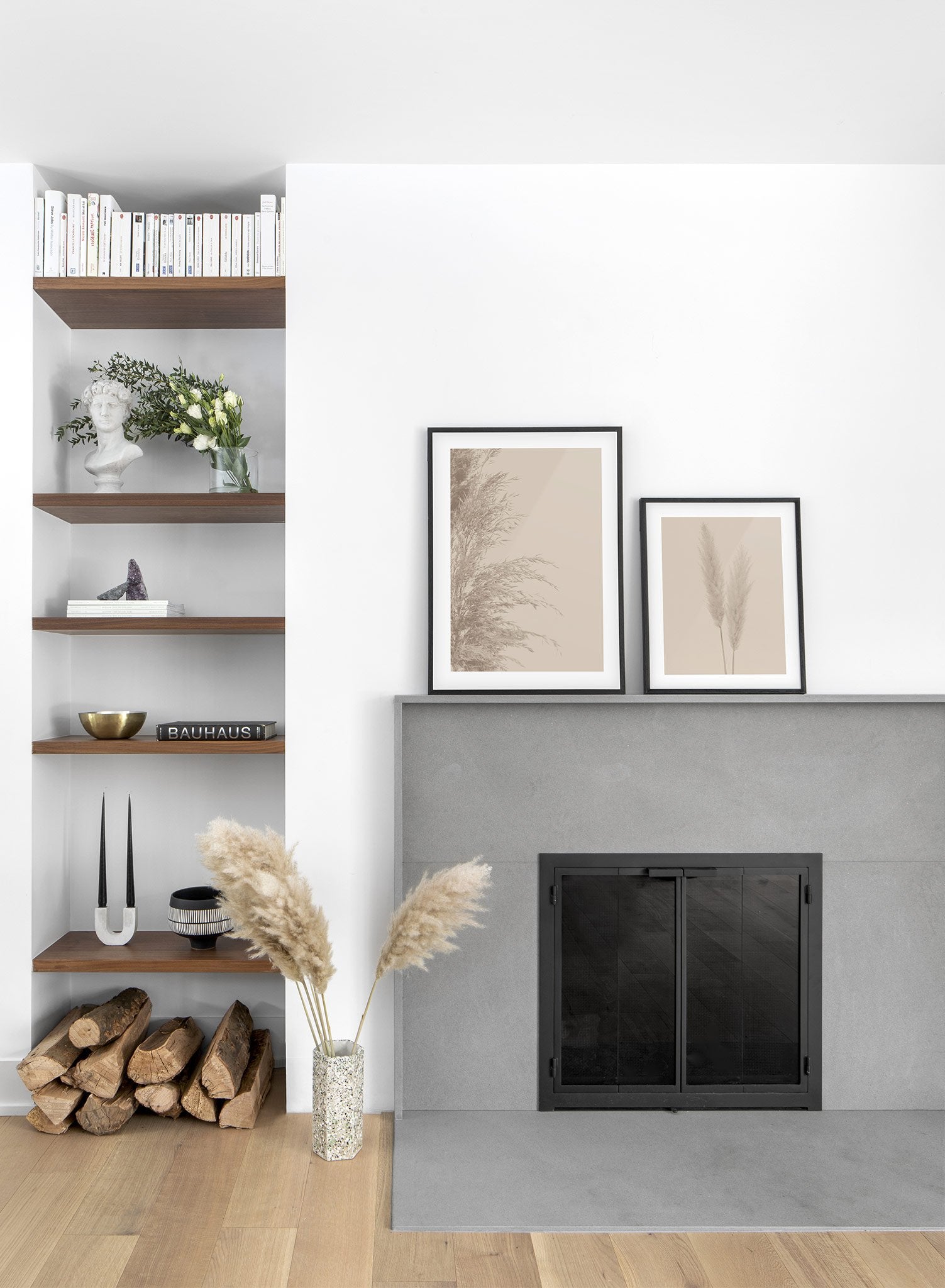 Minimalist wall poster by Opposite Wall with wispy grasses botanical photography in beige - Lifestyle Duo - Living Room