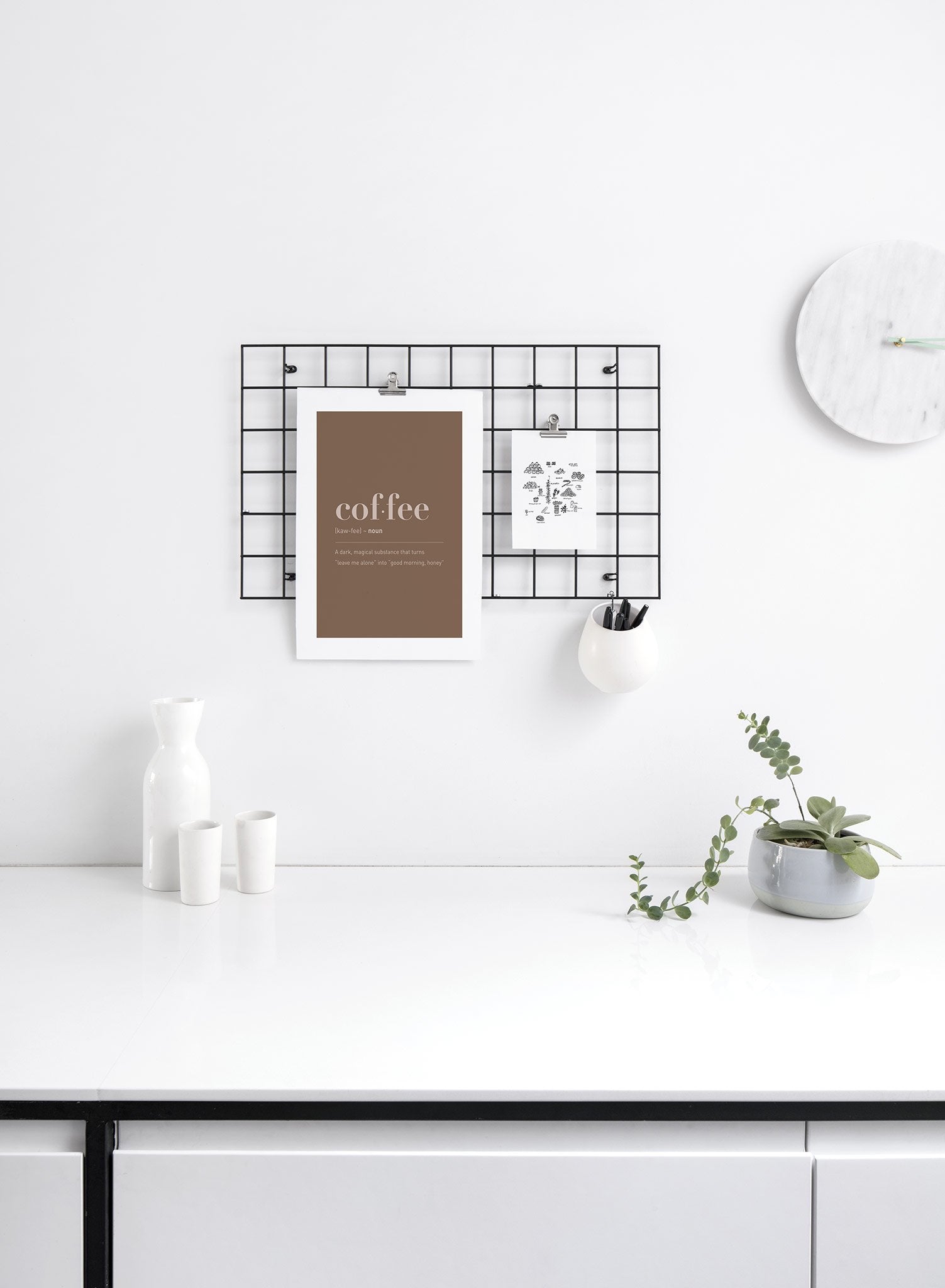 Minimalist poster by Opposite Wall with Coffee quote typography in espresso brown - Lifestyle Duo - Bedroom Dresser