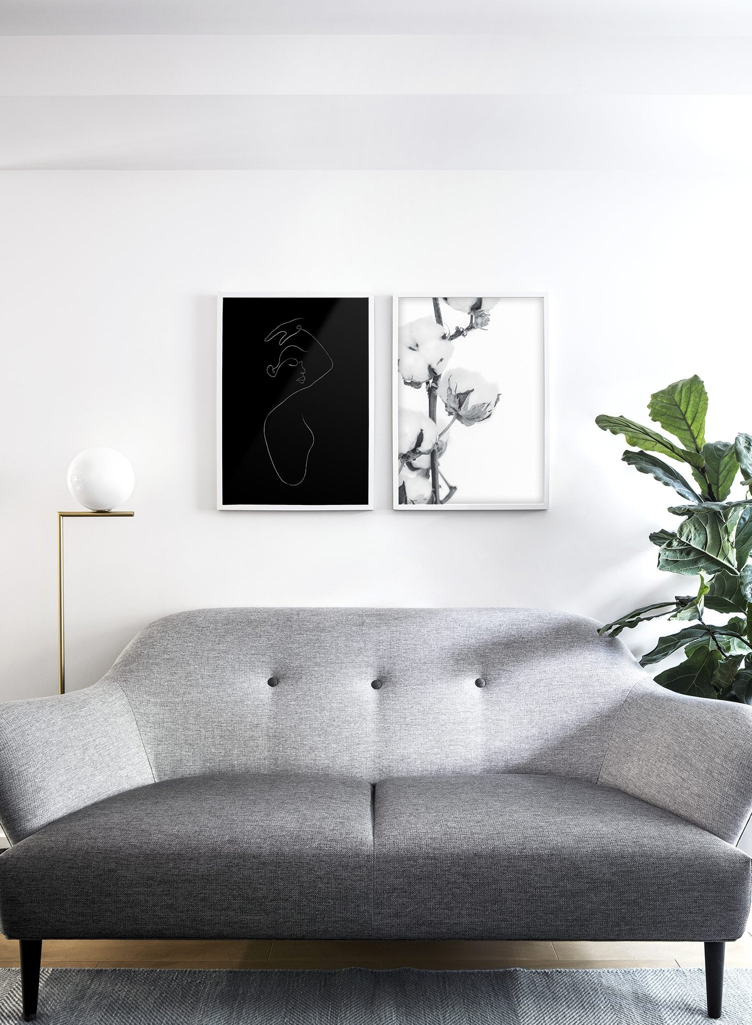 Modern minimalist poster by Opposite Wall with abstract illustration of woman line art In The Feels in black - Lifestyle Duo - Living Room