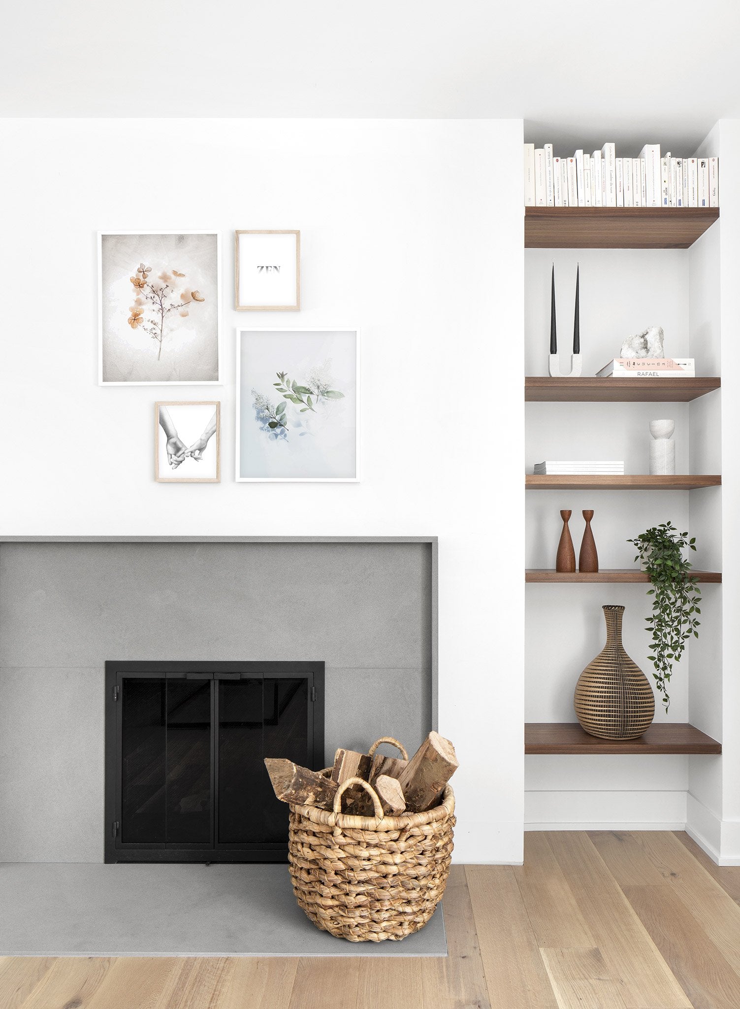 Modern minimalist botanical photography poster by Opposite Wall with orange Butterfly Blossoms - Lifestyle Quad - Living Room