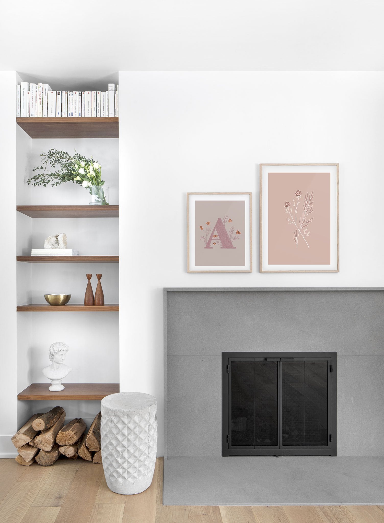 Modern minimalist botanical illustration poster by Opposite Wall with Star-Crossed plants in pink - Lifestyle Duo - Living Room