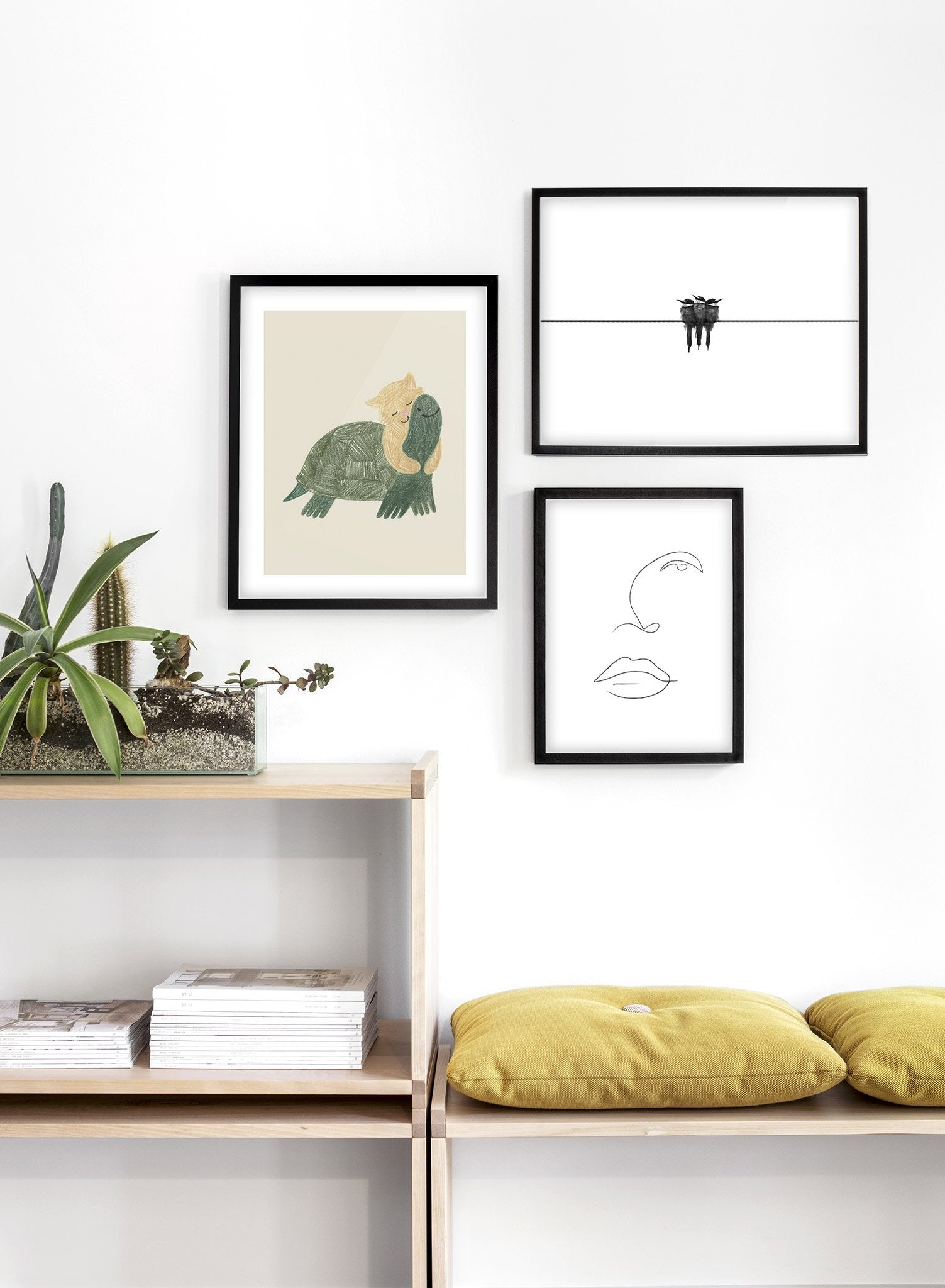 Kids nursery illustration poster by Opposite Wall with tortoise and cat hugging - Lifestyle Gallery Trio - Living Room