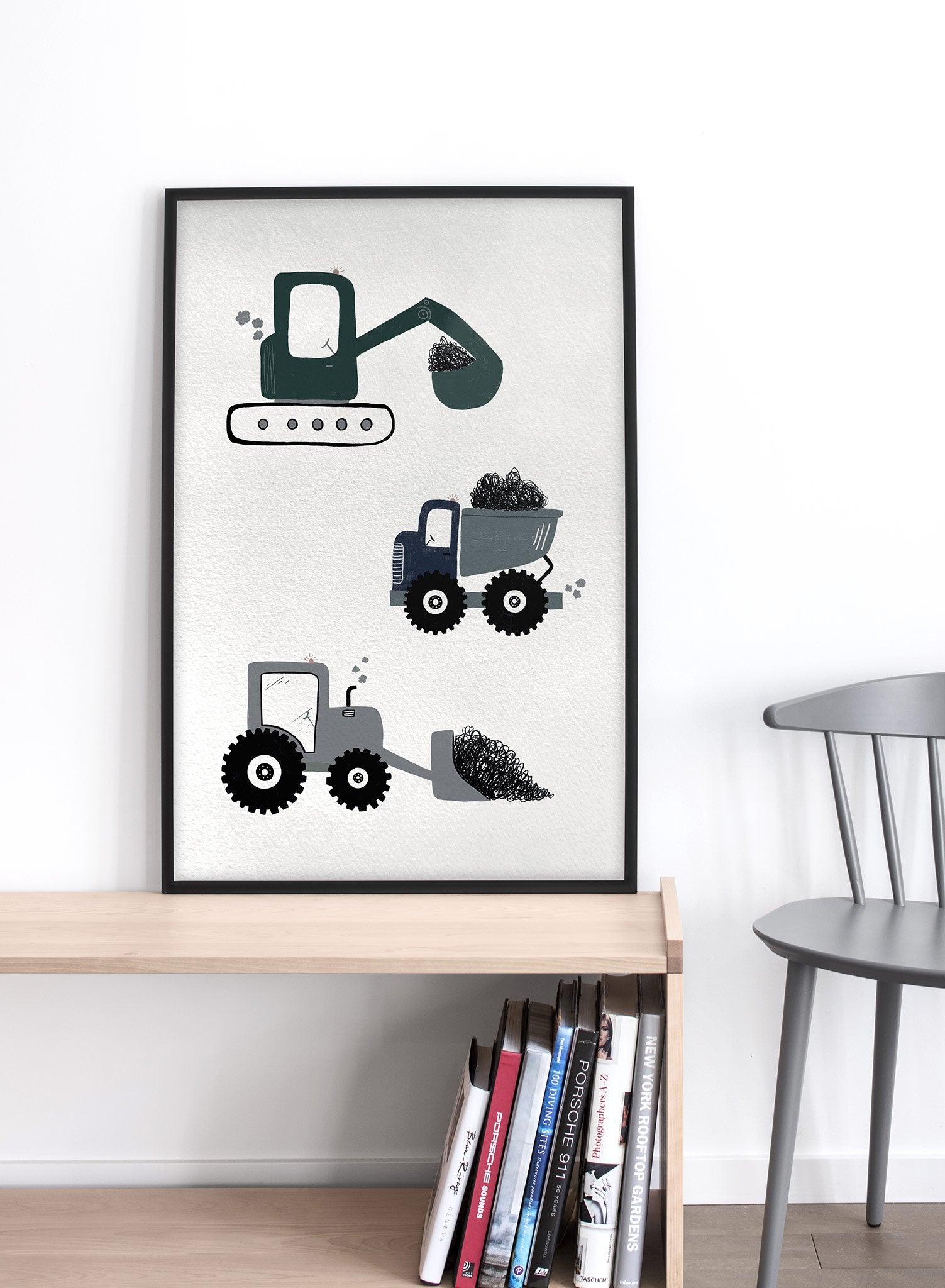 Kids nursery poster by Opposite Wall with construction trucks drawing - Lifestyle - Living Room