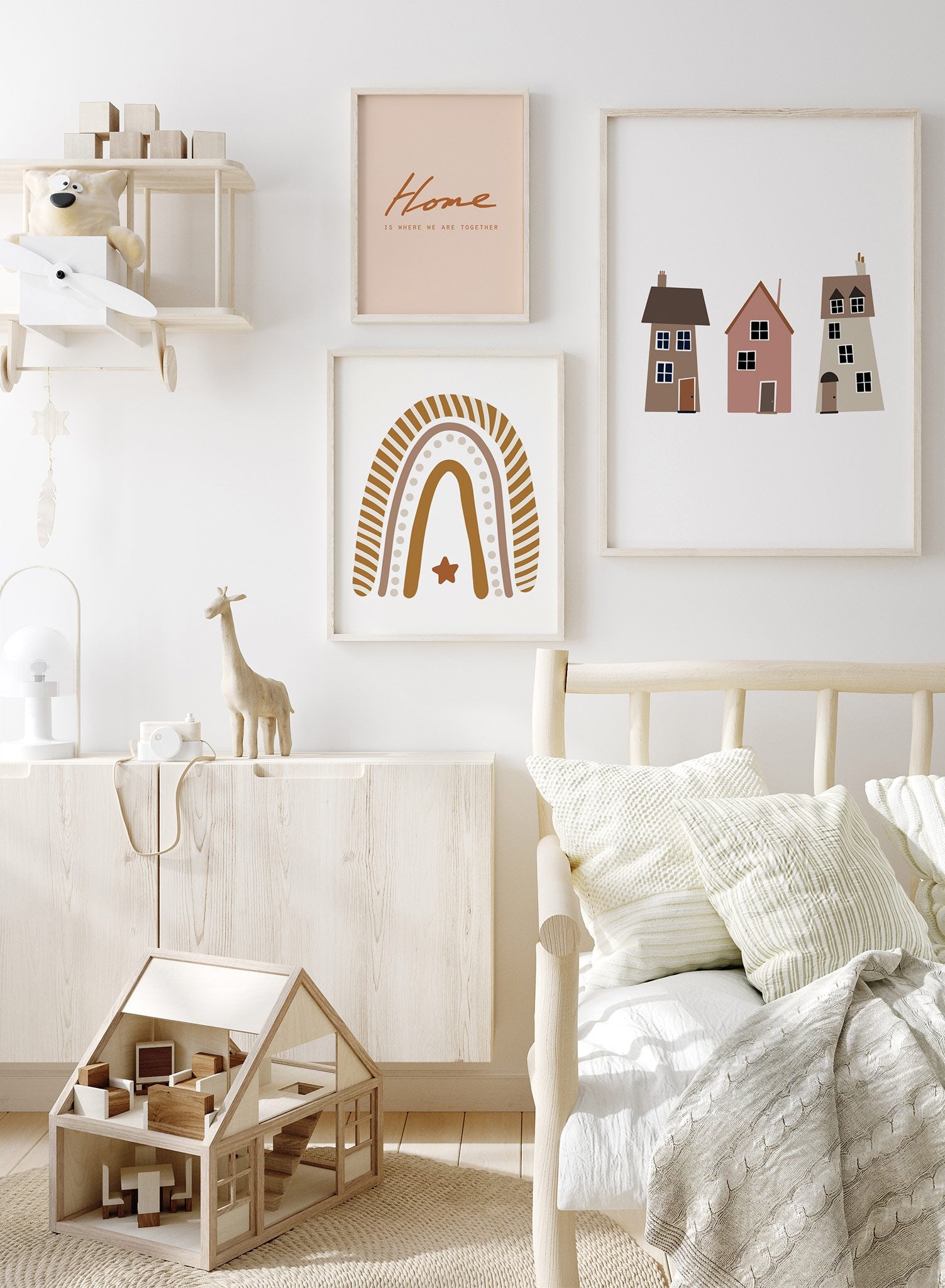 Kids nursery poster by Opposite Wall with trio of houses illustration - Lifestyle Gallery Trio - Kids Bedroom