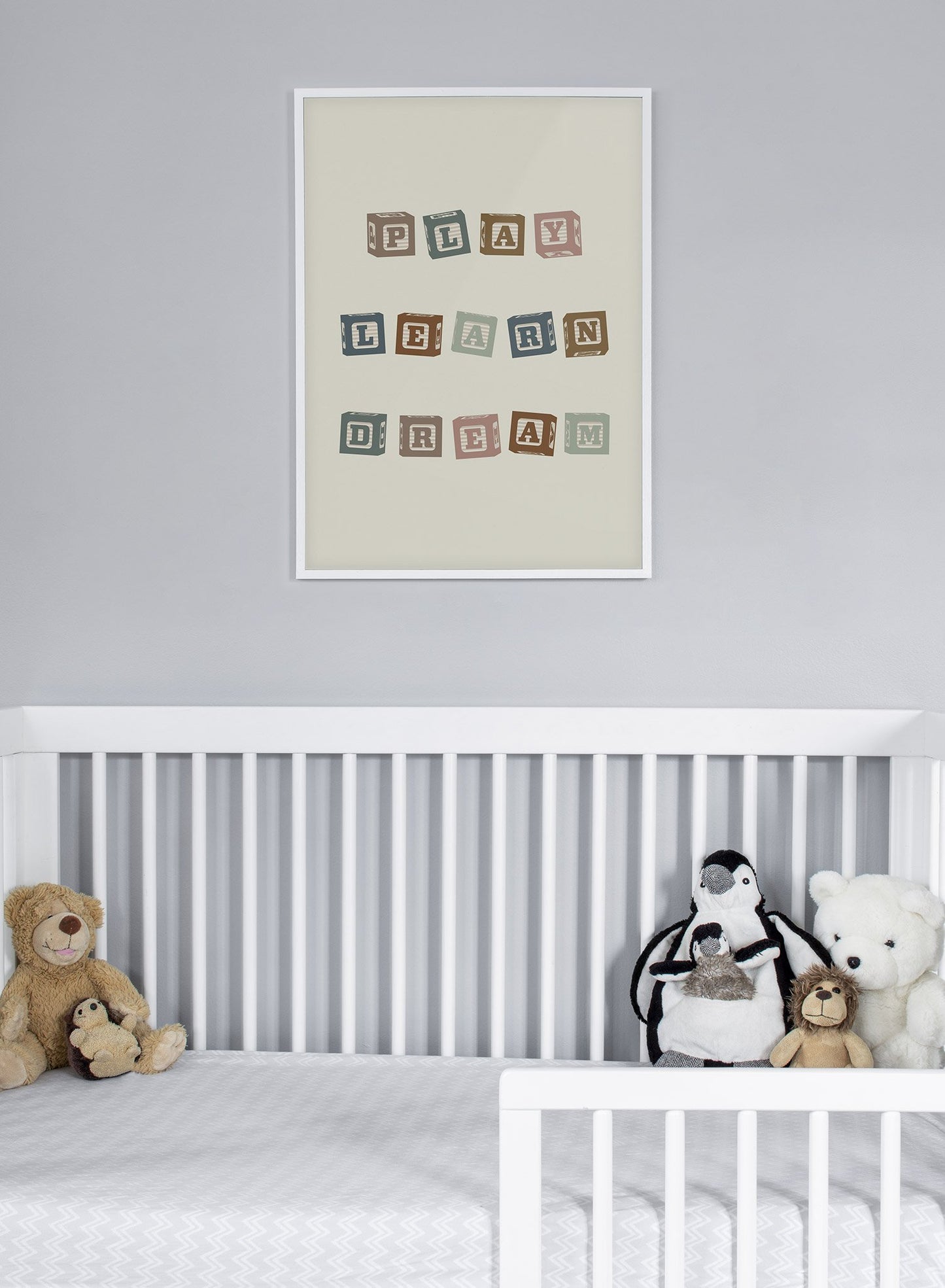 Kids nursery typography poster by Opposite Wall with Play Learn Dream - Lifestyle - Kids Nursery