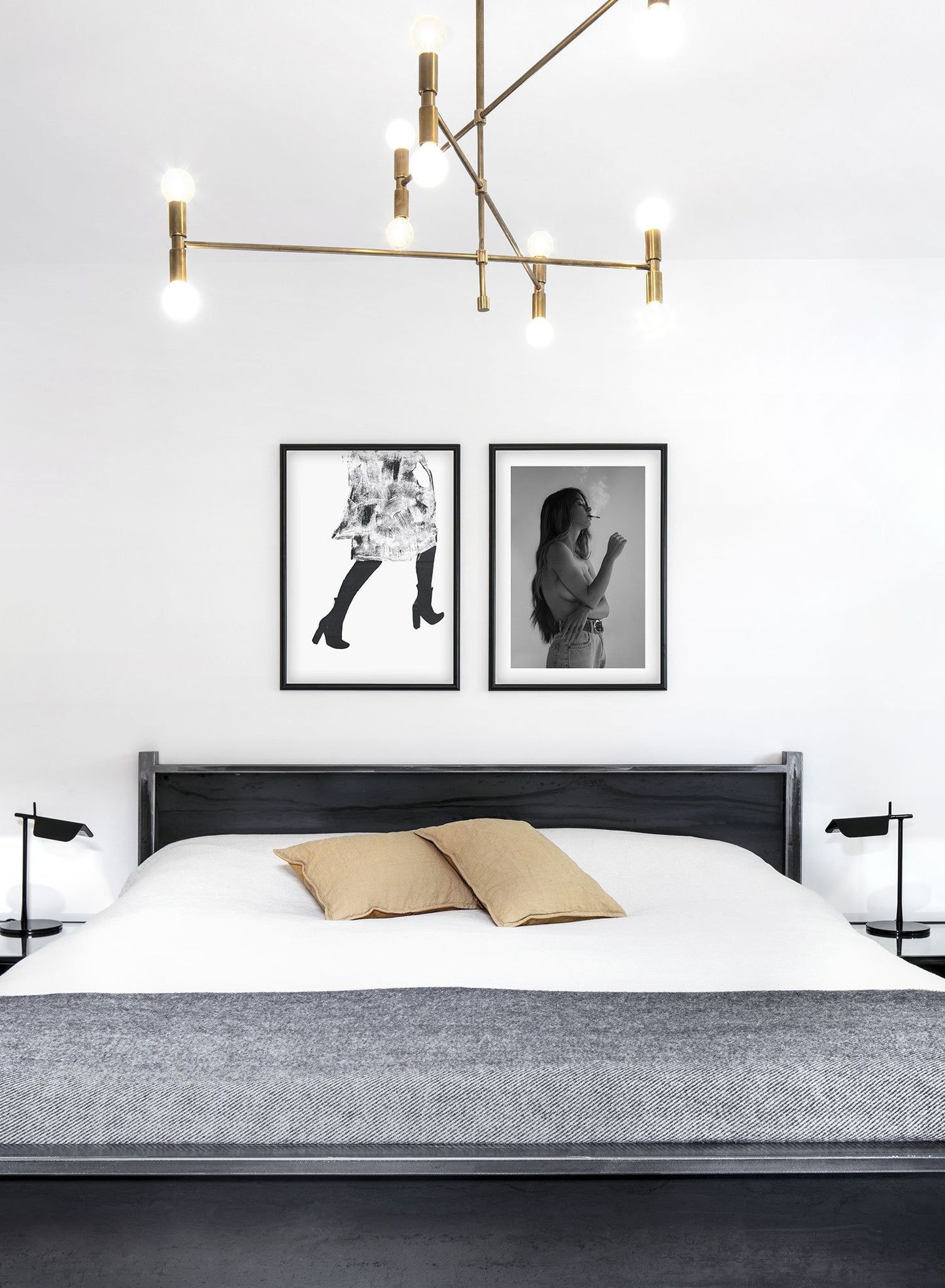 Black and white fashion photography poster by Opposite Wall with topless woman smoking cigarette - Lifestyle Duo - Bedroom