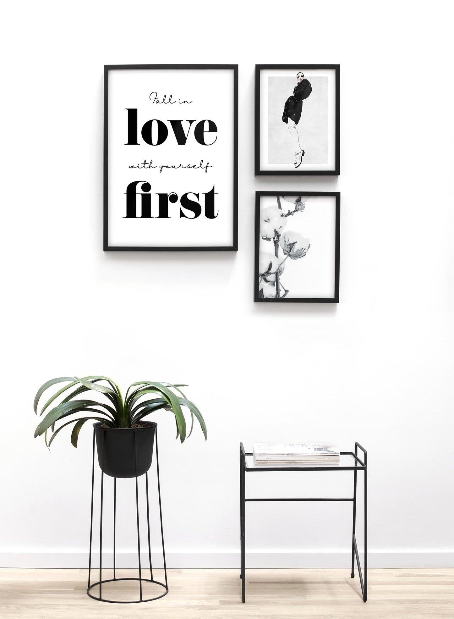 Typography poster by Opposite Wall with quote "fall in love with yourself first" - Lifestyle Trio - Living Room
