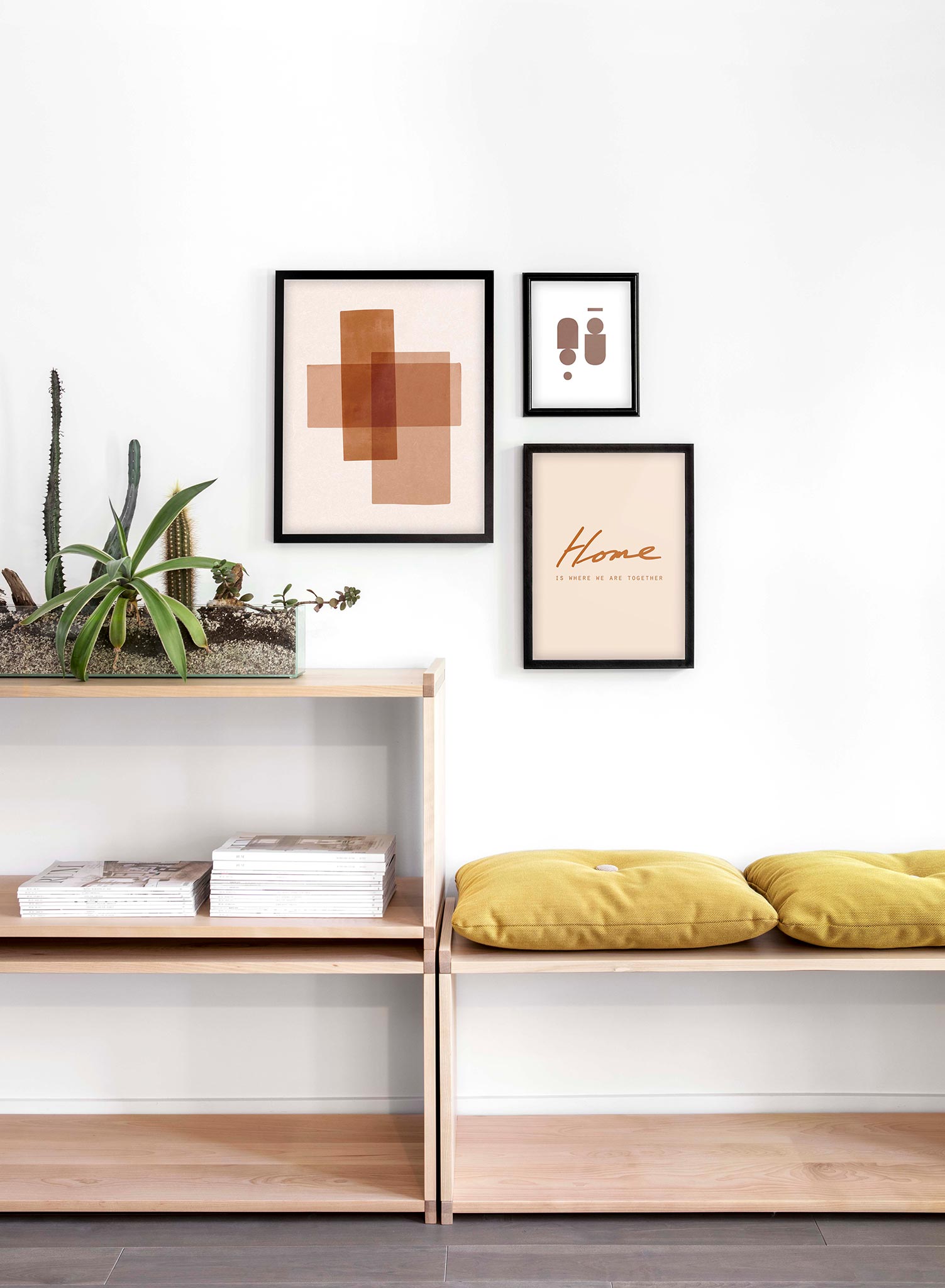Modern abstract poster by Opposite Wall with overlapping rectangles in brown by Toffie Affichiste - Lifestyle Trio - Living Room