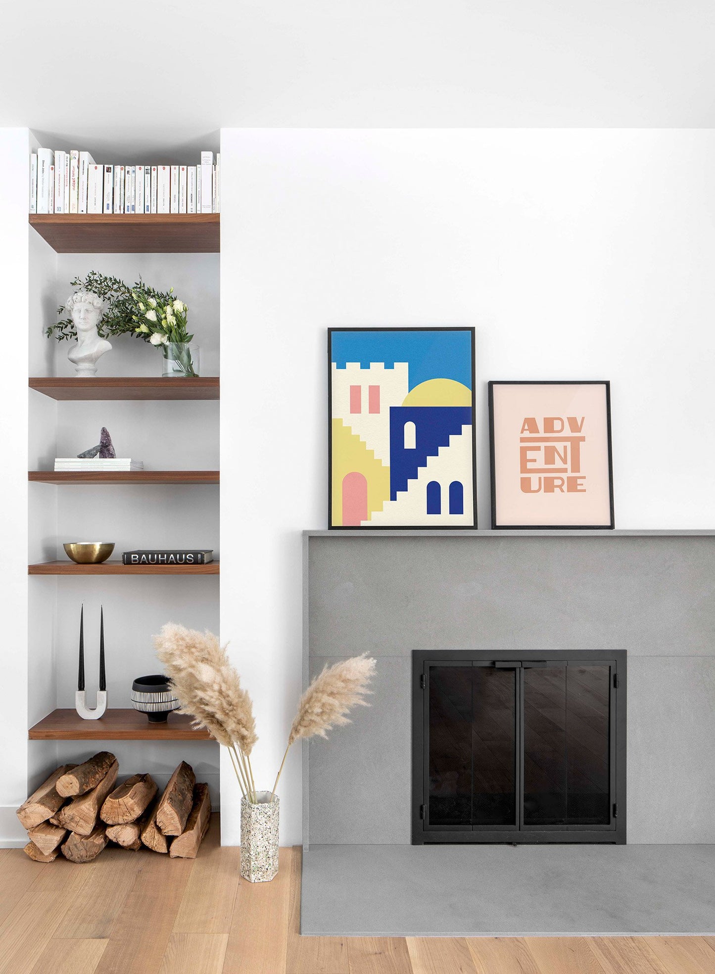 Minimalist pop art paper illustration by German artist Rosi Feist with stairs and architecture of Morocco - Lifestyle Duo - Living Room