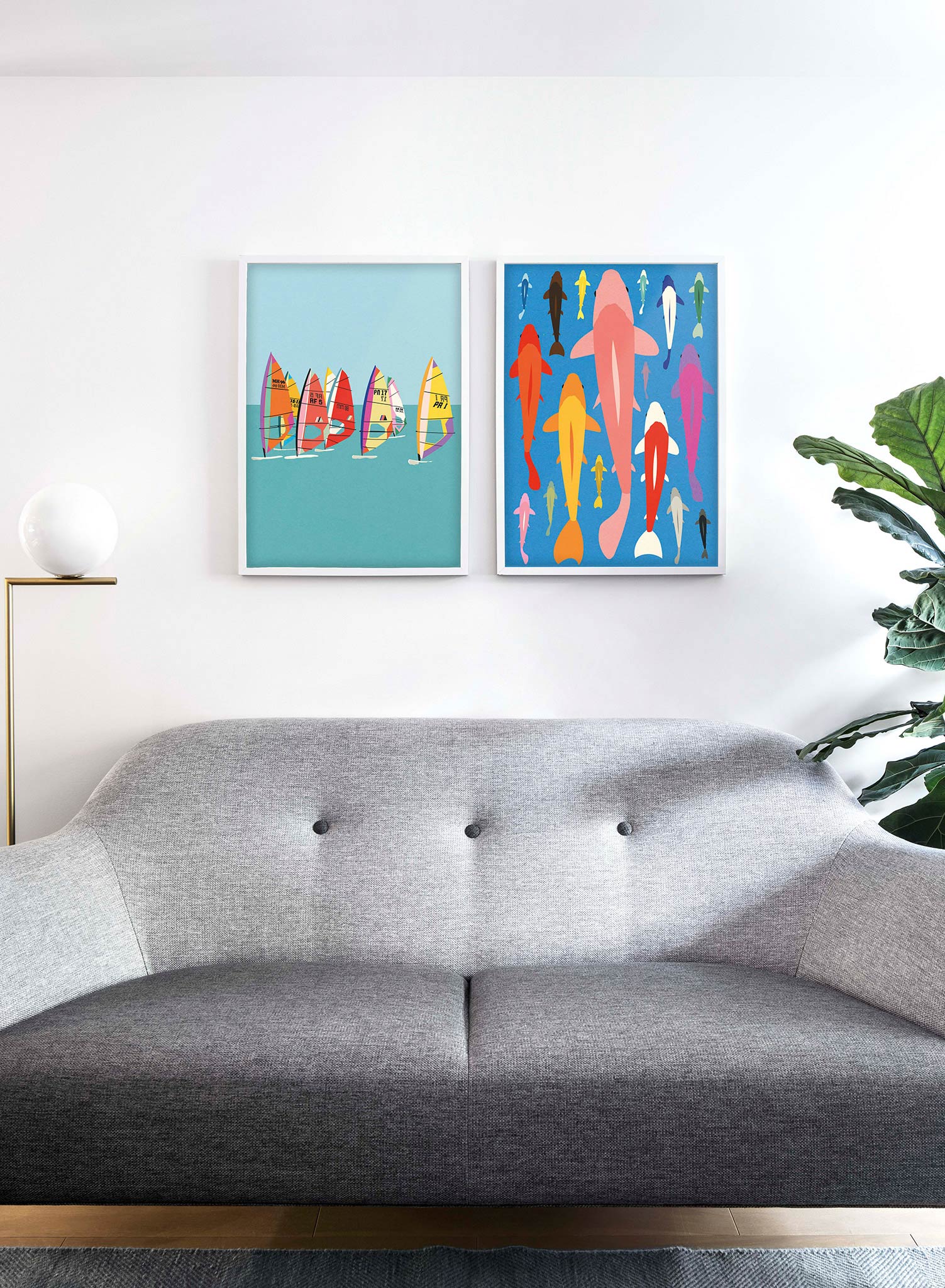Minimalist pop art paper illustration by German artist Rosi Feist with group of colourful Koi fish - Lifestyle Duo - Living Room
