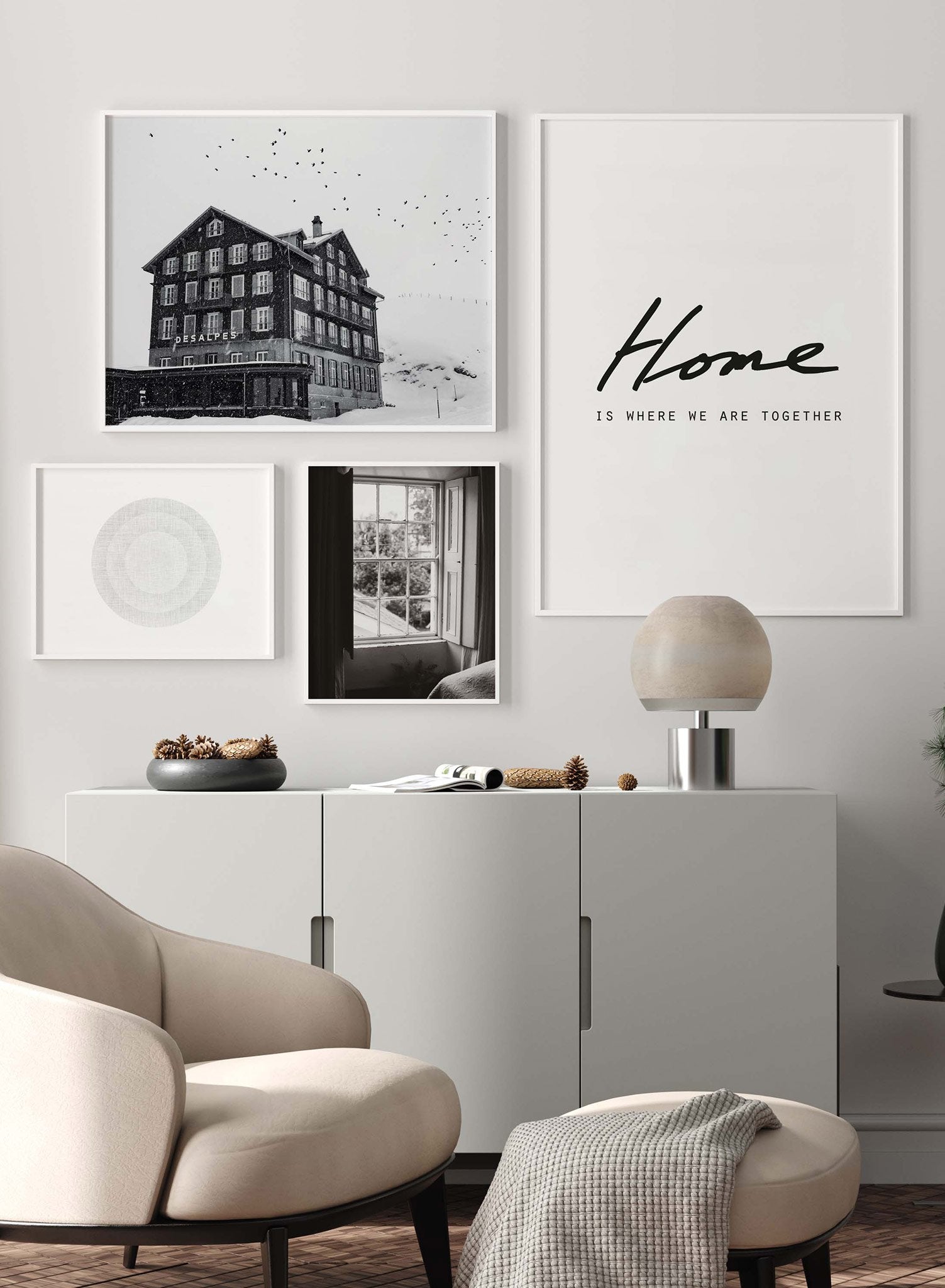 Landscape photography poster by Opposite Wall with mountain chalet in black and white - Lifestyle Gallery - Living Room
