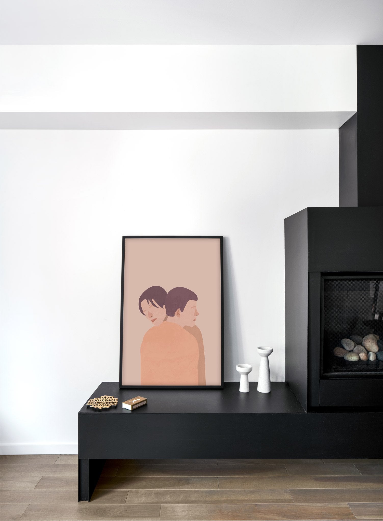 "Proximity in Beige" is a minimalist and romantic illustration poster by Opposite Wall of couple hugging lovingly in shades of beige, brown and orange.