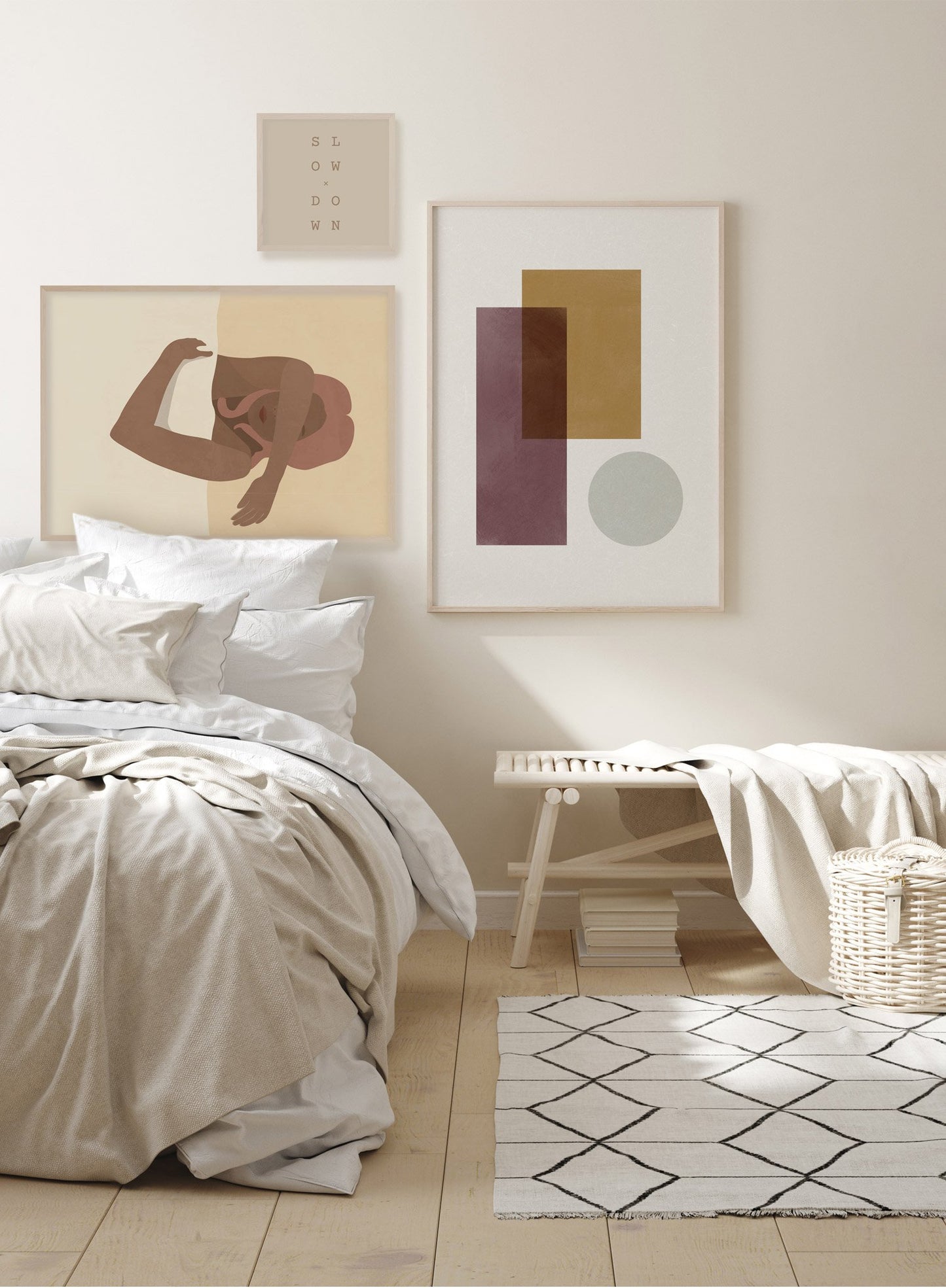 "Lazy Morning" is a minimalist and illustration poster by Opposite Wall of a woman enjoying a sunny morning in her yellow bed. 