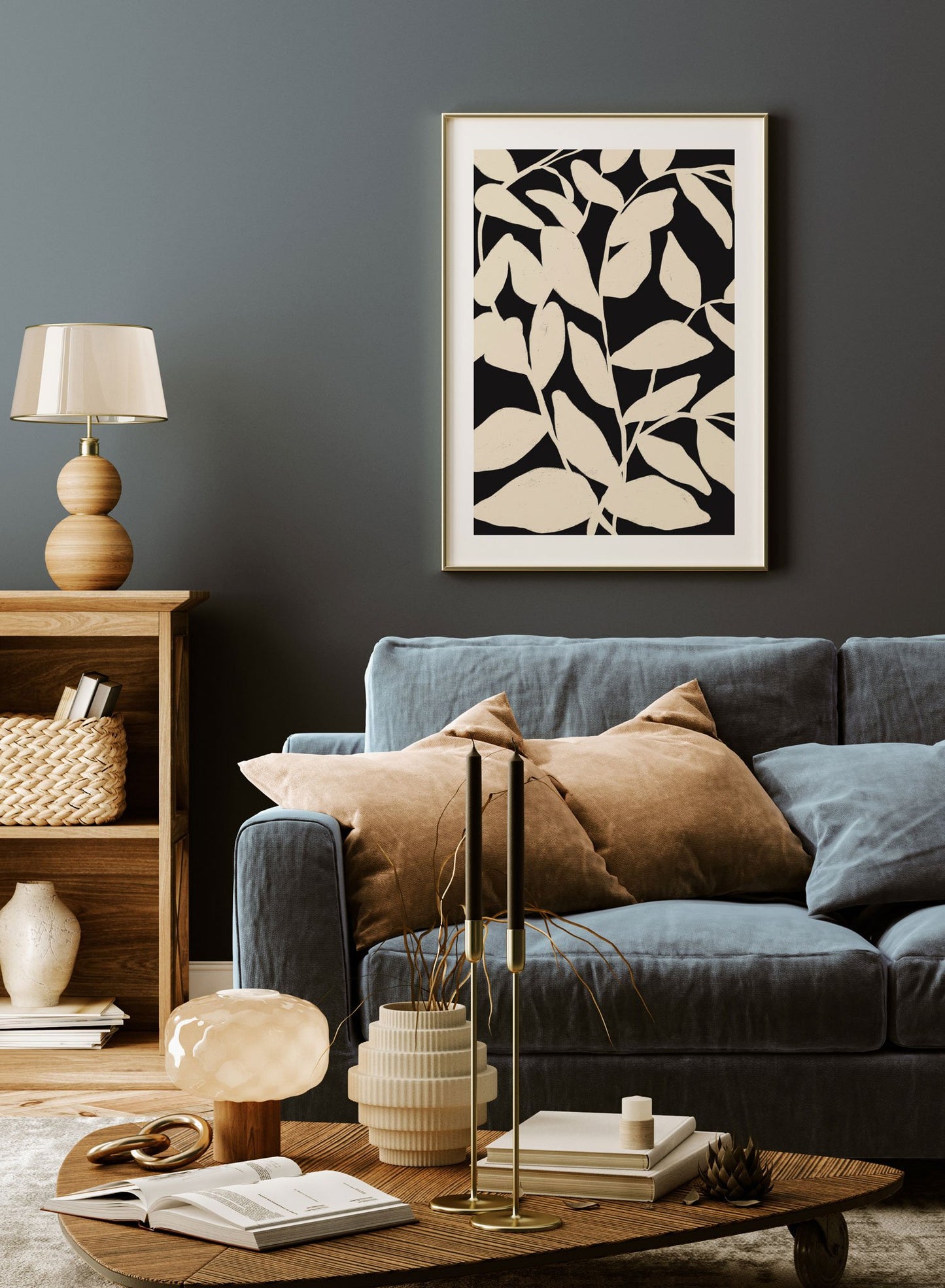 "Leaf Choreography" is a minimalist illustration poster by Opposite Wall in black and beige of abstract beige leaves entangled over a black background inspired by French painter Henri Matisse.