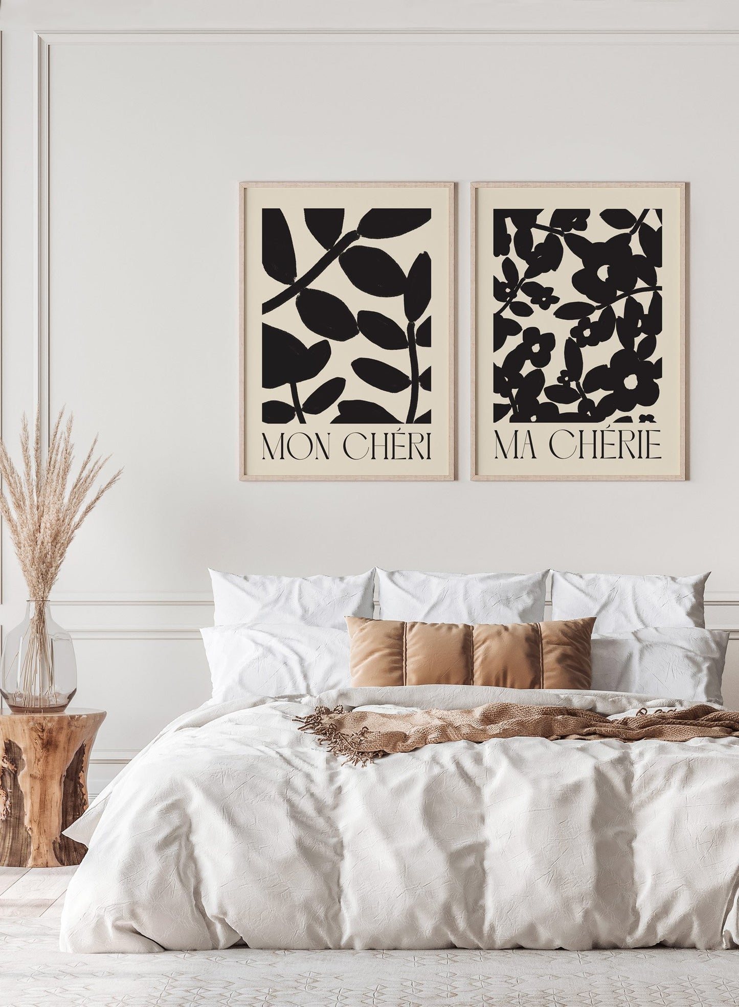 "Ma cherie" is a minimalist illustration poster by Opposite Wall in beige and black of an abstract botanical pattern and the words ‘my darling’ in French typography. 