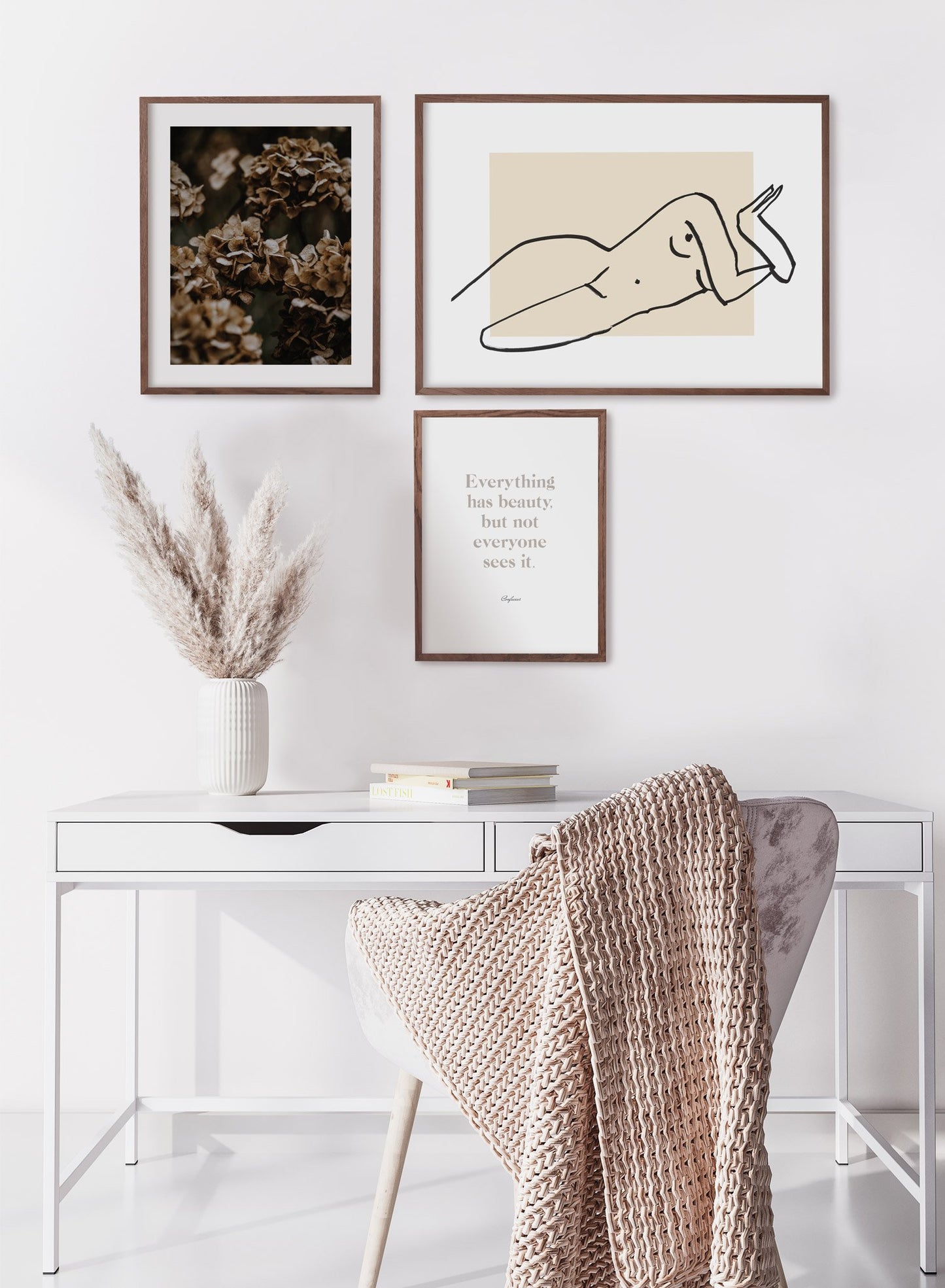 "Irresistible" is a minimalist beige and white illustration poster by Opposite Wall of a line art female nude lying down, superimposed over a beige square.