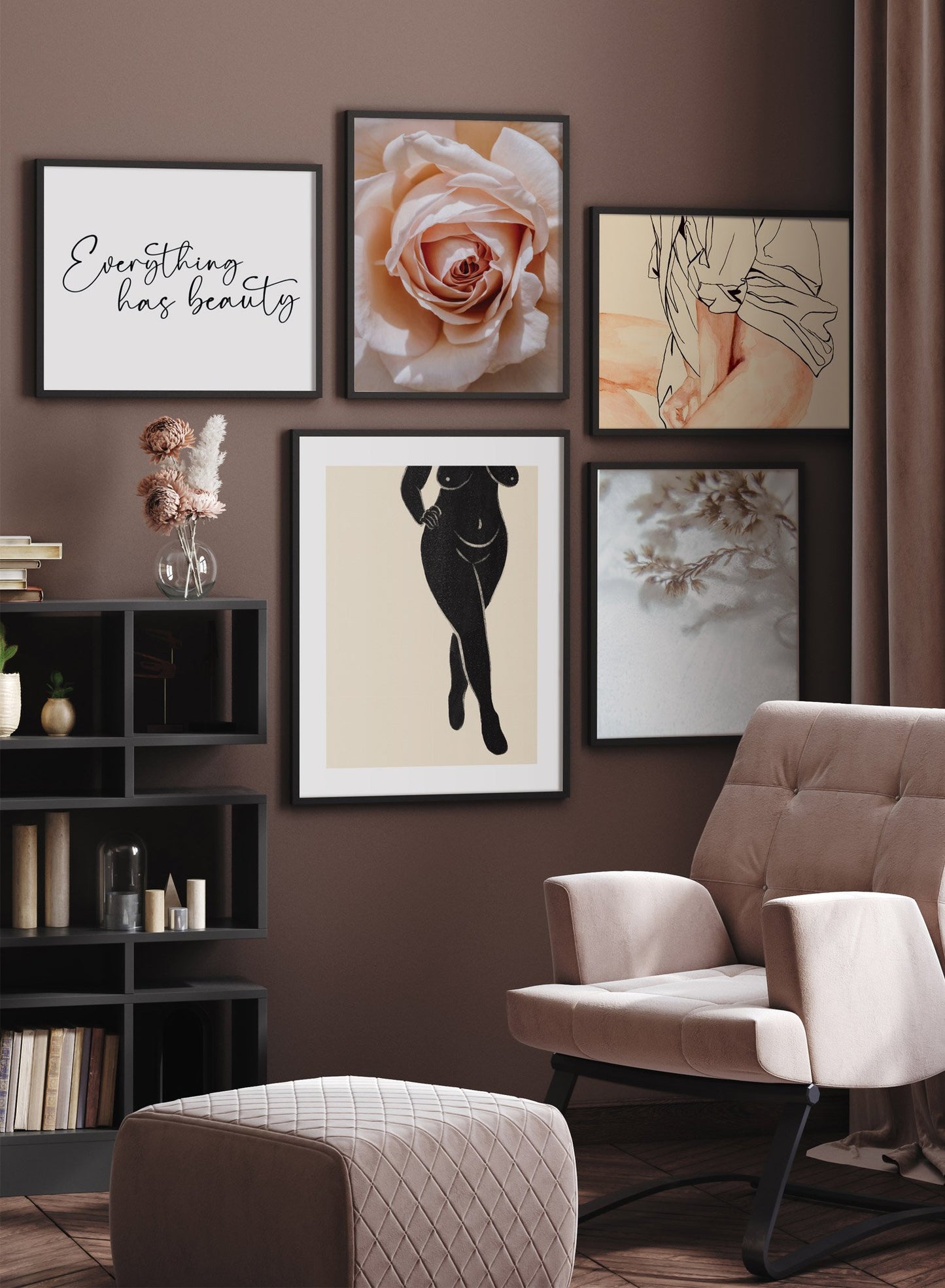 "Lookin' Fine" is a minimalist black, and beige illustration poster by Opposite Wall of curvy and abstract female silhouette in an empowering pose over a beige background.