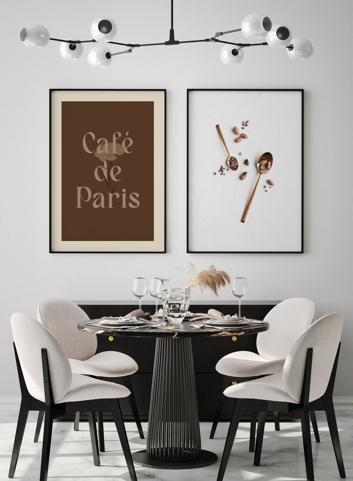 "Café de Paris" is a minimalist beige and brown typography poster by Opposite Wall of the words ‘café de Paris’ over a beige background. 