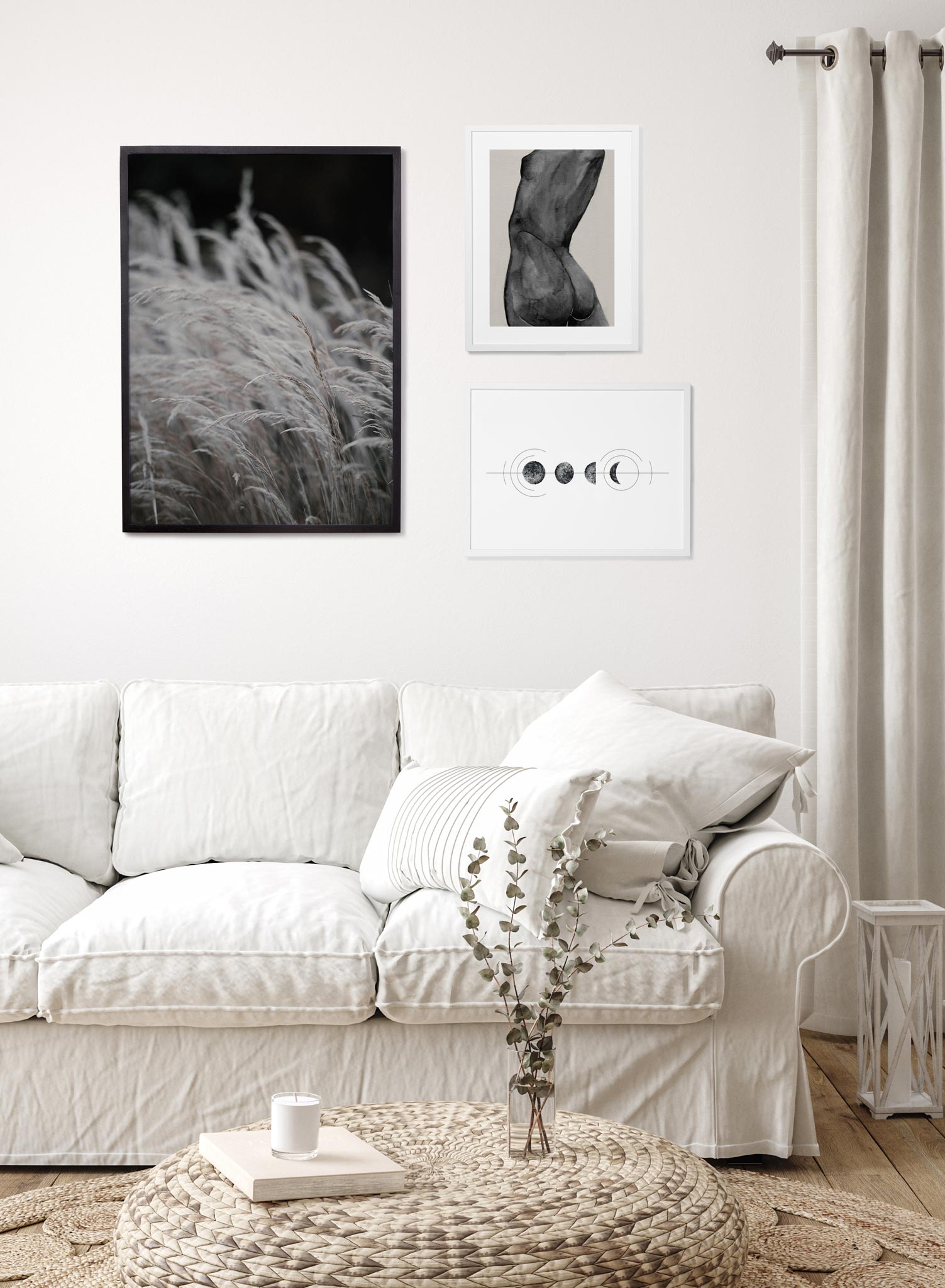 "Wintry Prairie" is a botanical photography poster by Opposite Wall of cool toned wispy grasses in the dark of night.