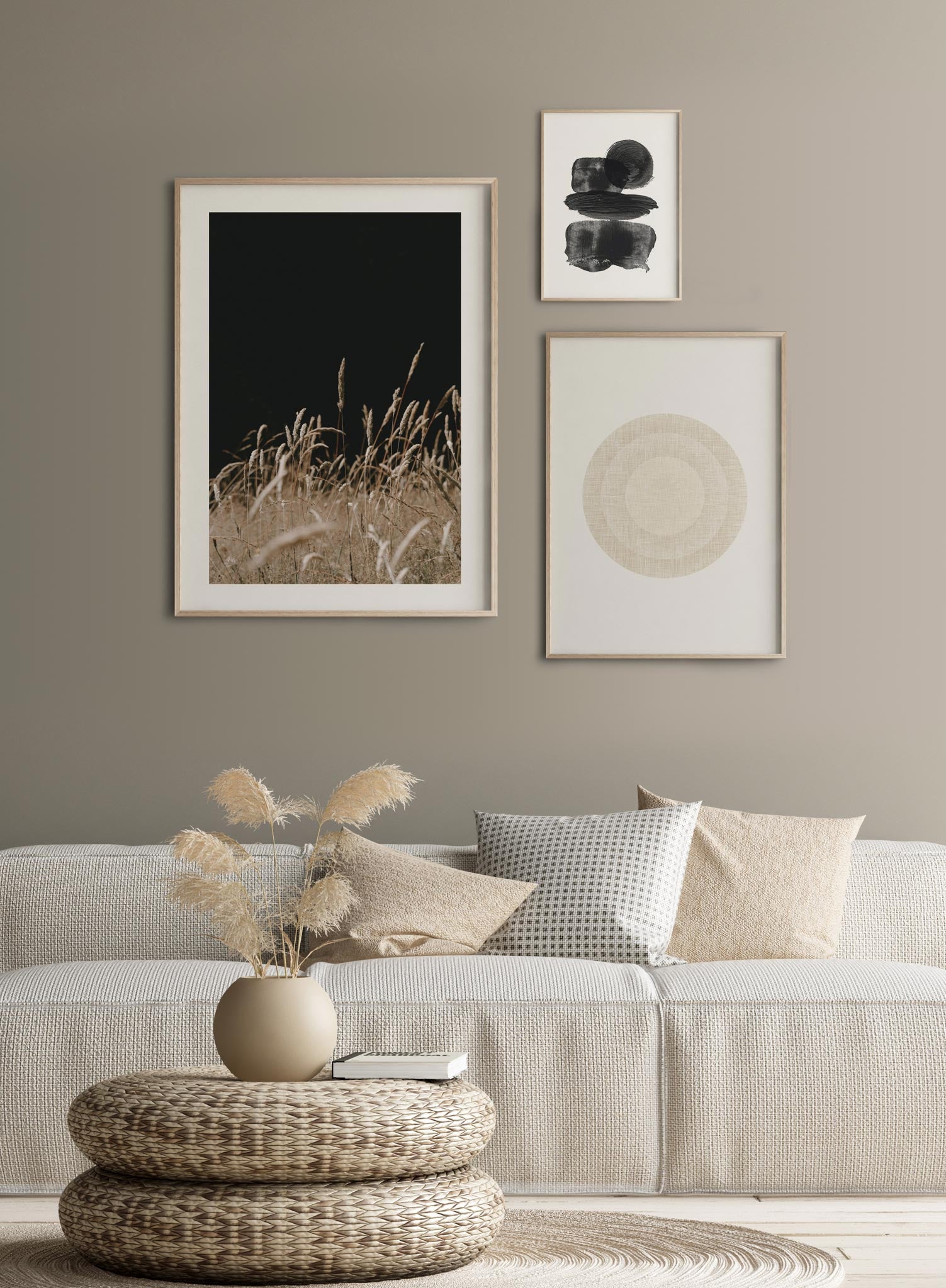"A Night in the Field" is a botanical photography poster by Opposite Wall of wispy beige grasses under a pitch black night sky.