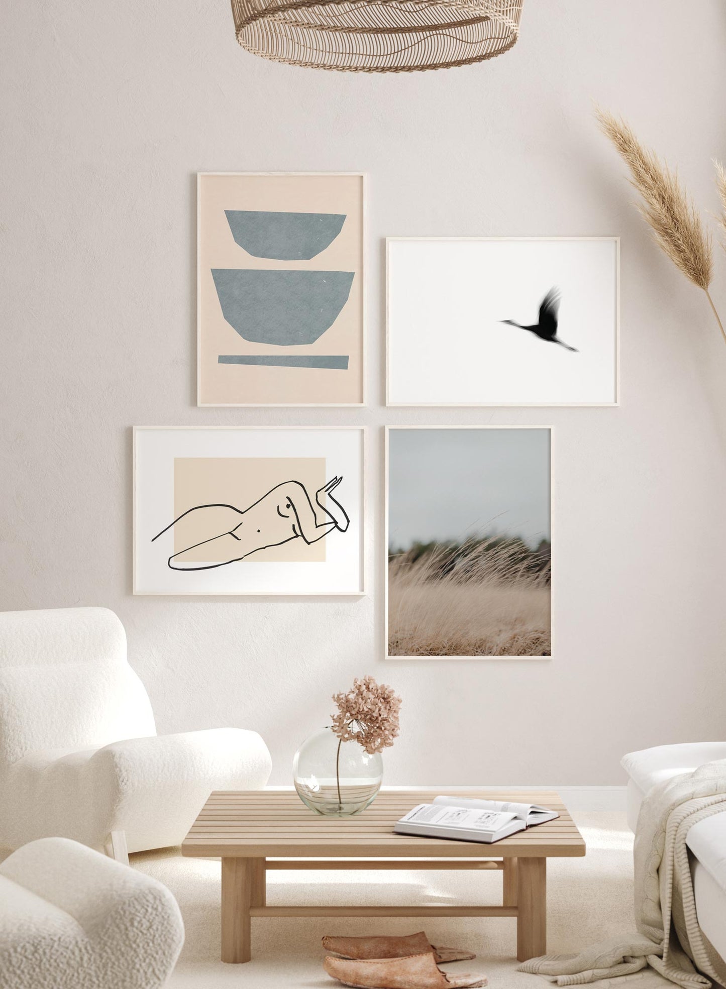 "Autumn Breeze" is a botanical photography poster by Opposite Wall of fine and delicate beige grasses swaying in the wind during the fall season.