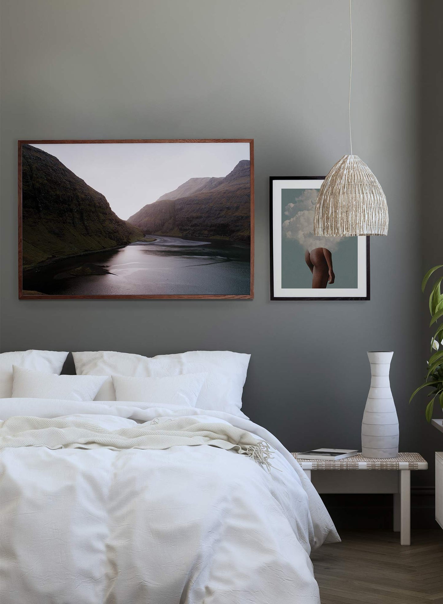 Infinite Valley' is a landscape photography poster by Opposite Wall of a calm river passing through tall mountains in the Faroe Islands.