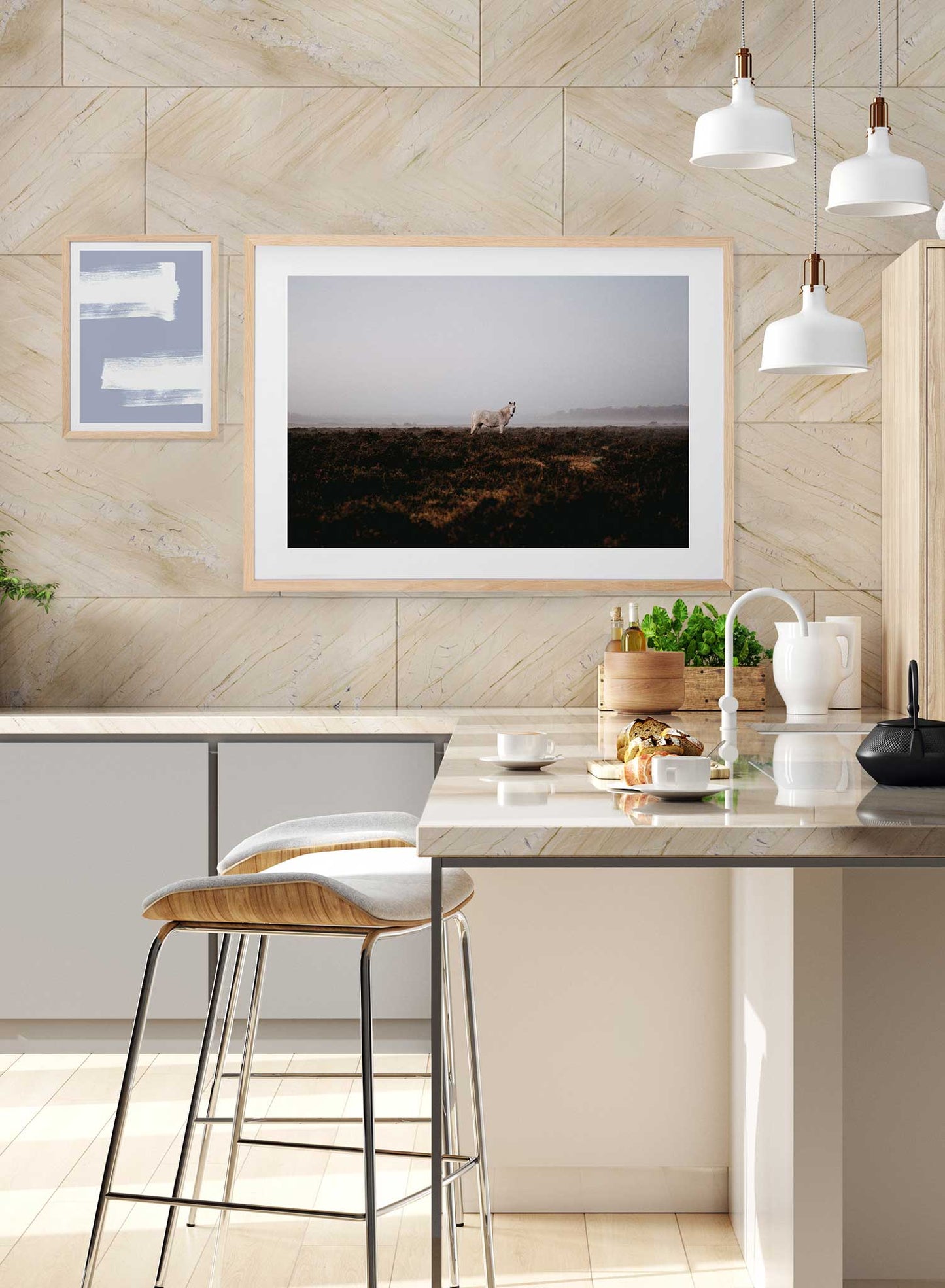 Wild Horse' is an animal and landscape photography poster by Opposite Wall of a wild white horse standing in a vast and foggy field with distant mountains.