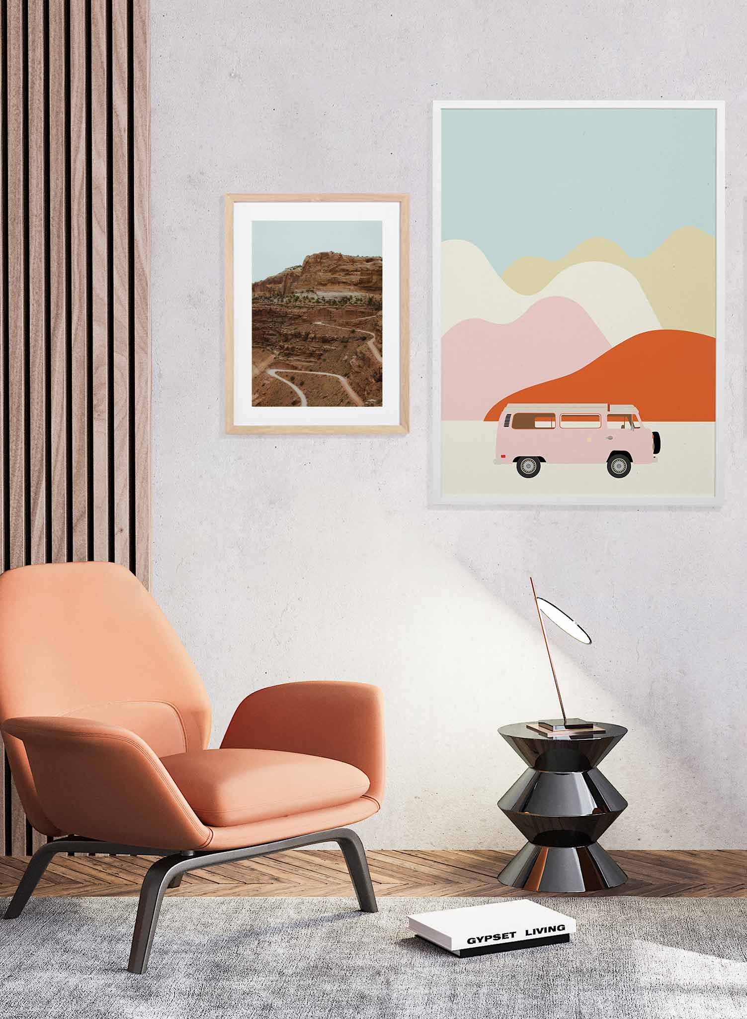 Psychedelic Road Trip is a colourful illustration poster of a pink retro van by Opposite Wall.