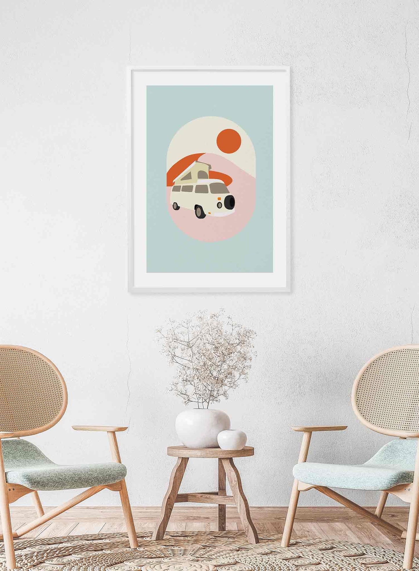 Life on the Road is a minimalist illustration poster of a colourful RV by Opposite Wall.