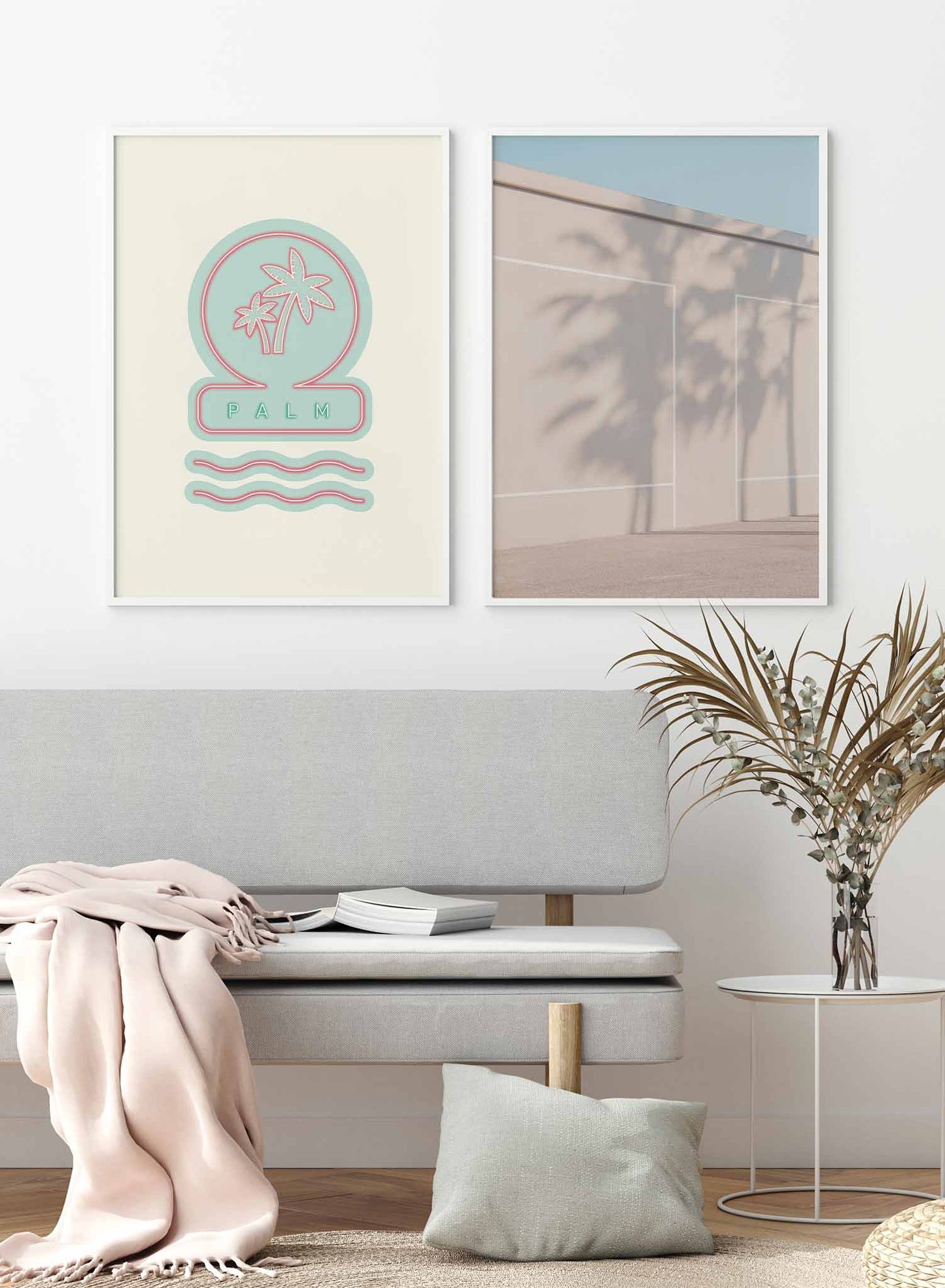 Neon Palms is a minimalist illustration poster of an aqua blue sign by Opposite Wall.