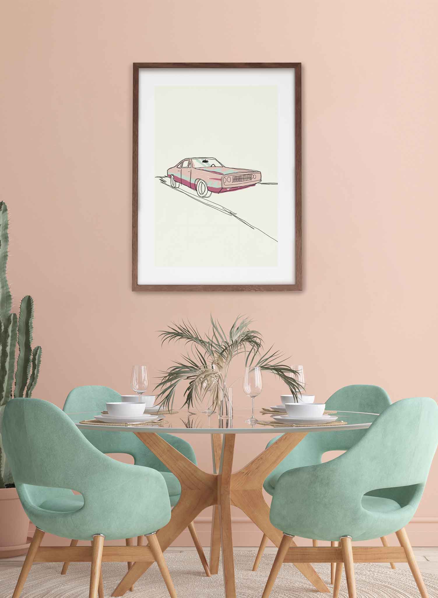 Pedal to the Metal is a minimalist sketch illustration poster of a pink '80s car by Opposite Wall.