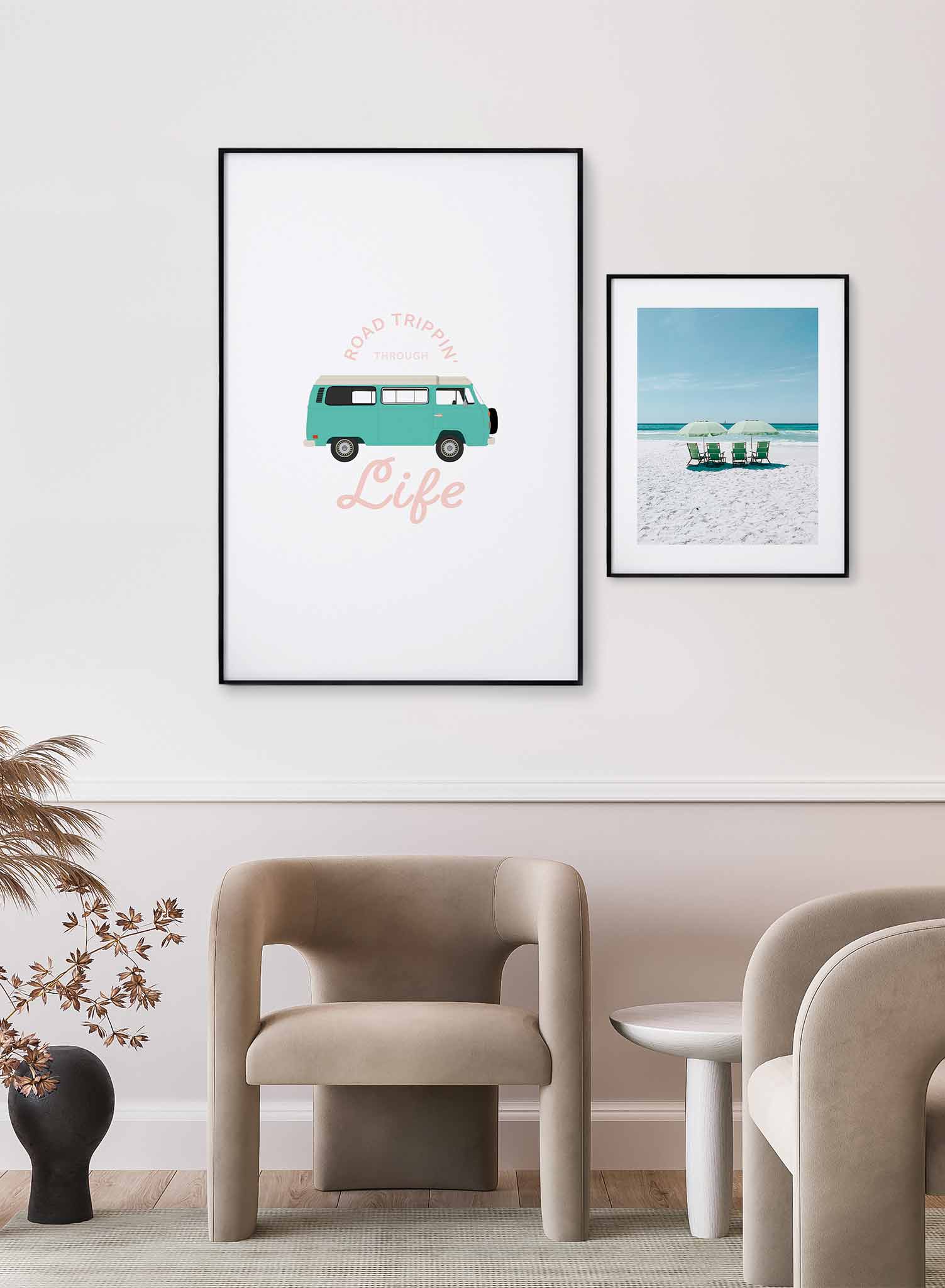 Road Trippin’ is a minimalist illustration poster of a teal Winnebago van by Opposite Wall.