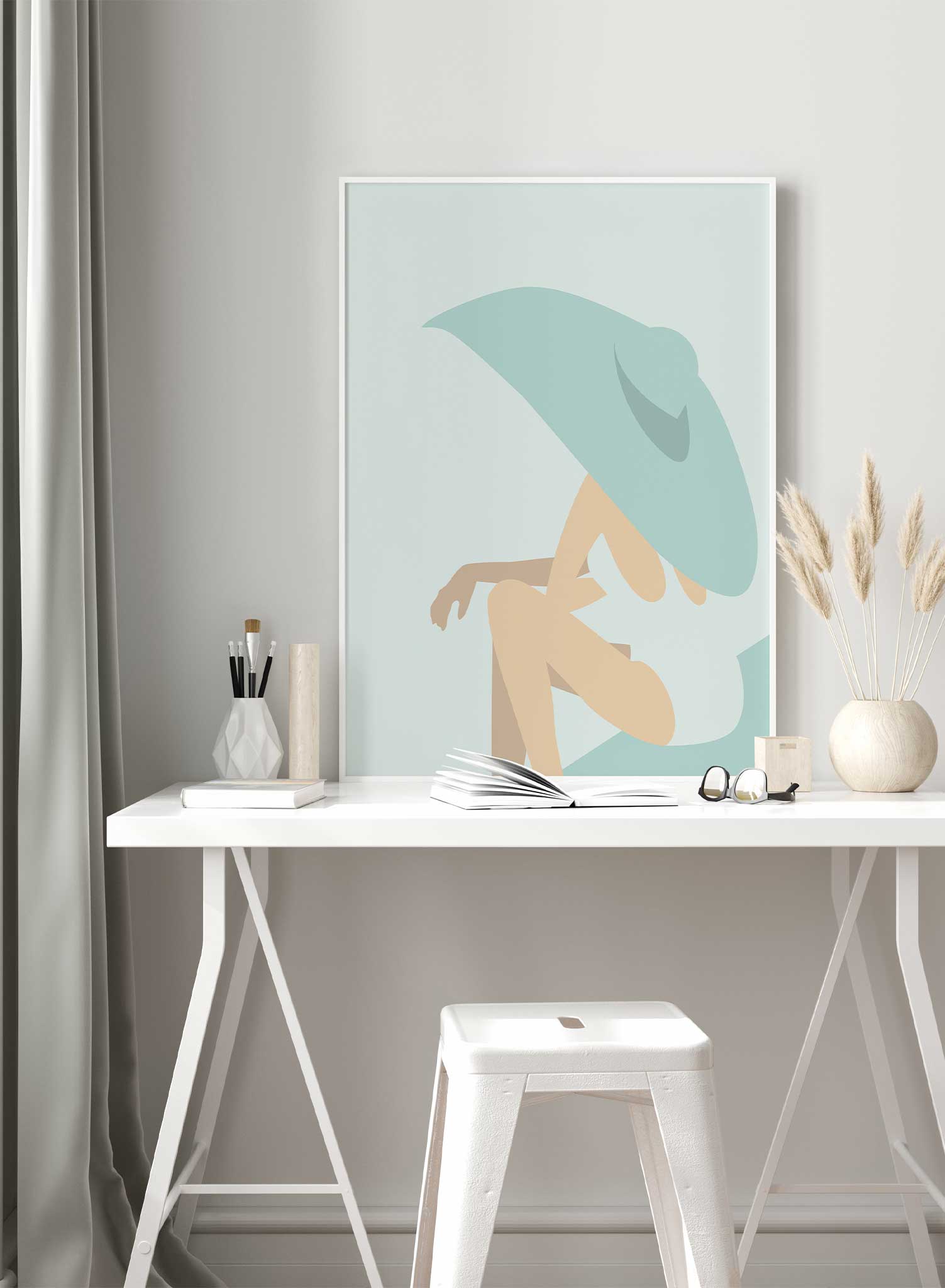 Poolside Diva in Aqua is a minimalist illustration poster of a woman sitting and wearing a large sunhat by Opposite Wall.