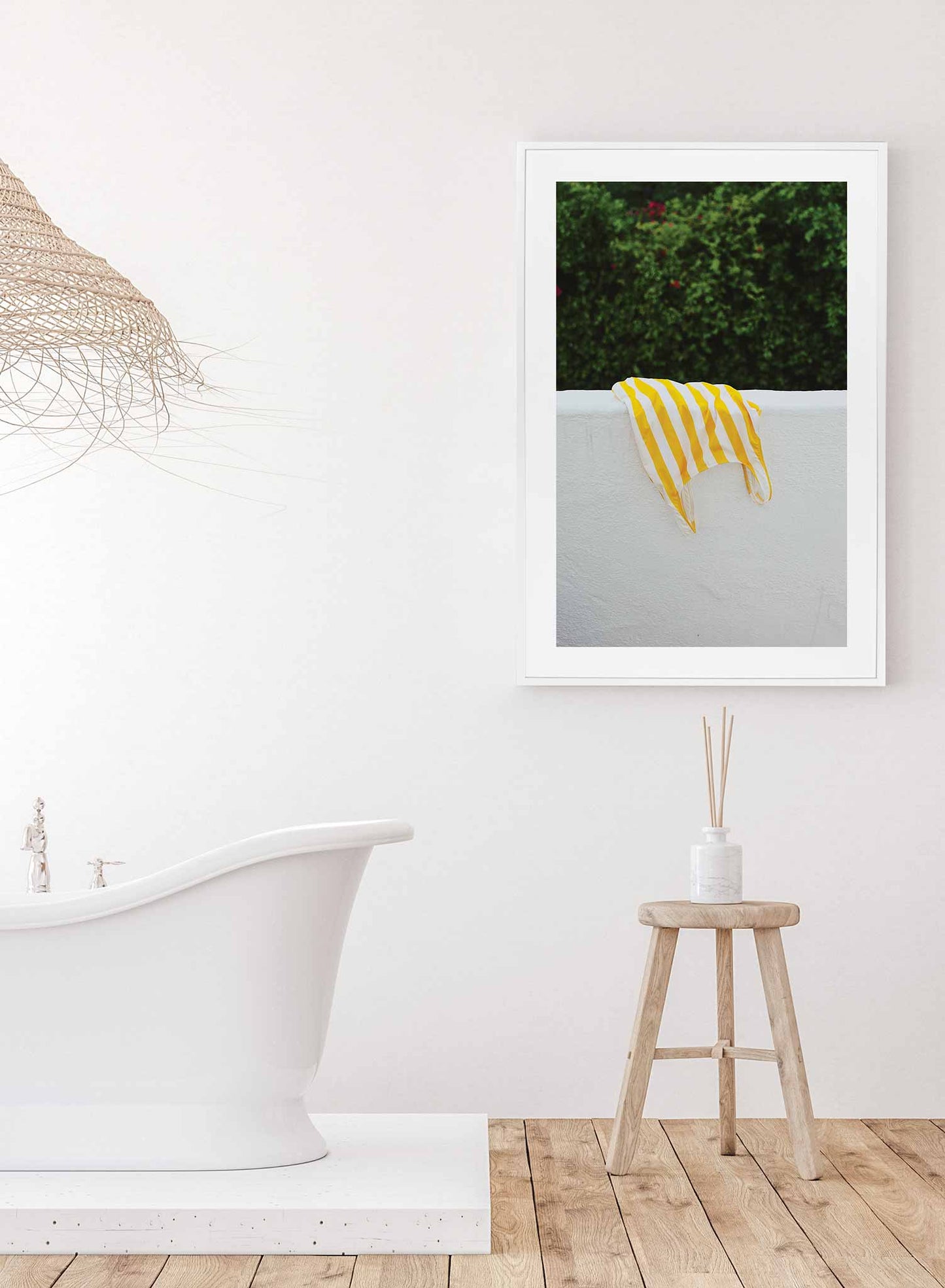 Skinny Dip is a colourful photography poster of a yellow stripped bathing suit by Opposite Wall.
