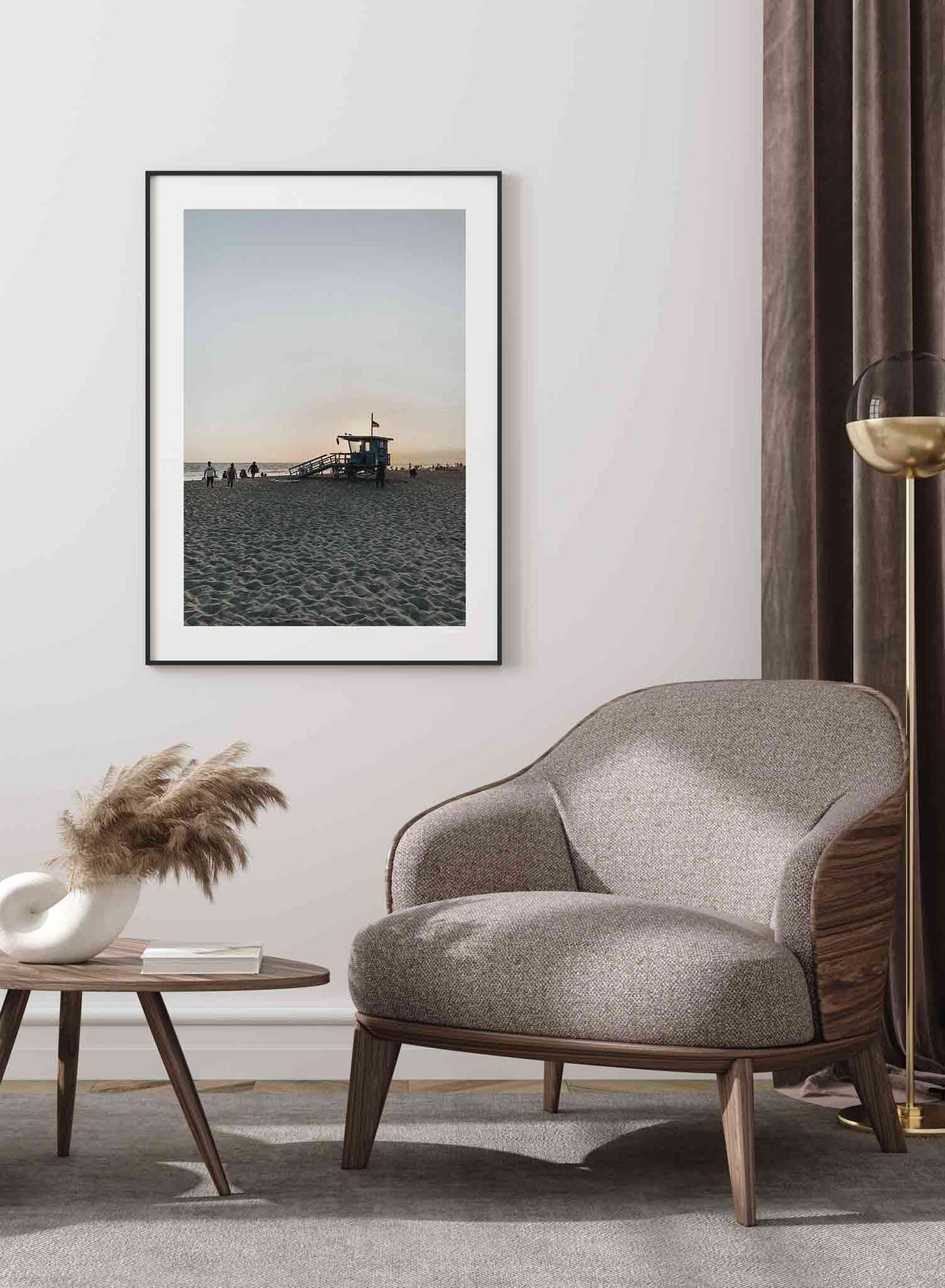 Beach Exit is a summer photography poster of a sandy beach at dusk featuring a lifeguard tower by Opposite Wall.
