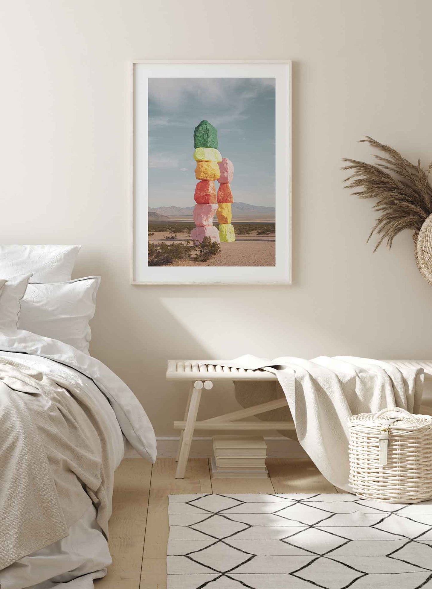 Vegas Totem is a travel photography poster of a stacked colourful boulder structure by Opposite Wall.
