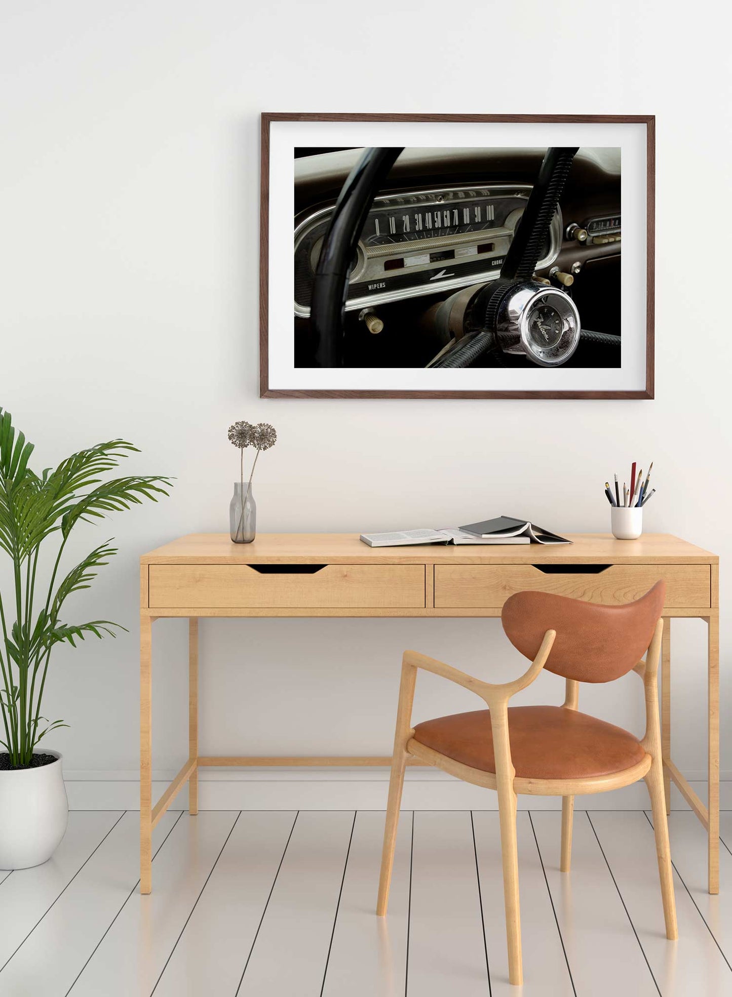 Beep Beep! is a vintage photography poster of a 60's Ford Falcon's steering wheel and dashboard by Opposite Wall.
