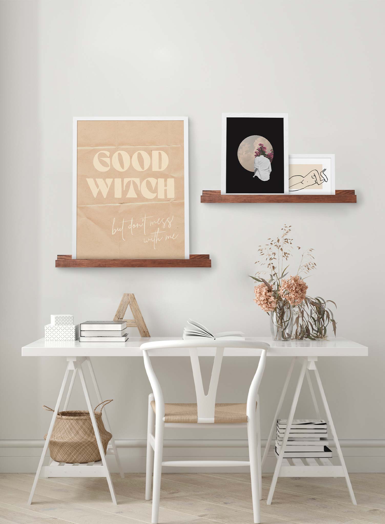 Bewitched is an typography and illustration of the words 'Good Witch' and 'but don't mess with me' on a folded beige paper by Audrey Rivet in collaboration with Opposite Wall.