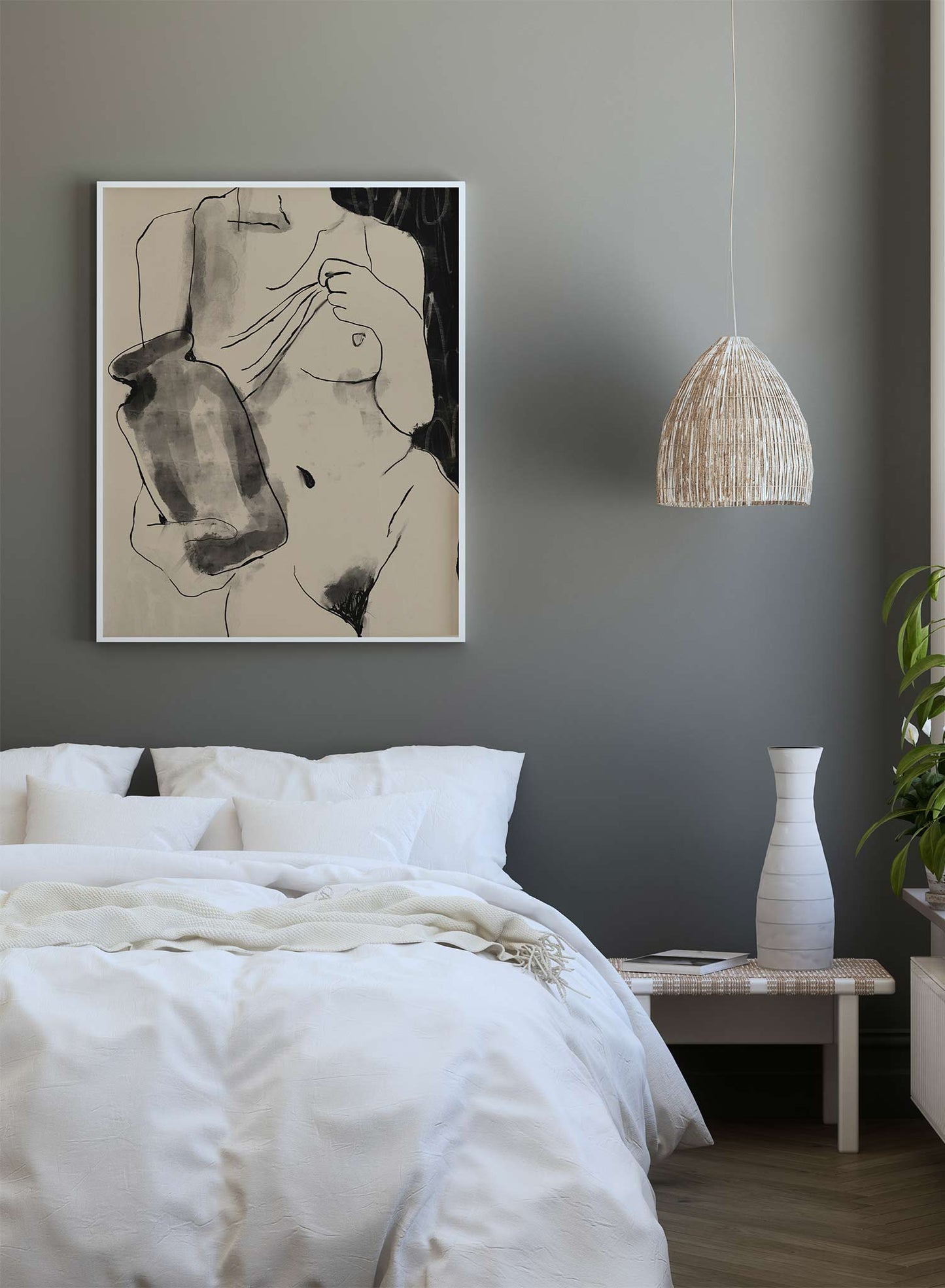 Fearless is a monochrome illustration of an almost naked, sensual and tempting woman holding a vase by Audrey Rivet in collaboration with Opposite Wall.