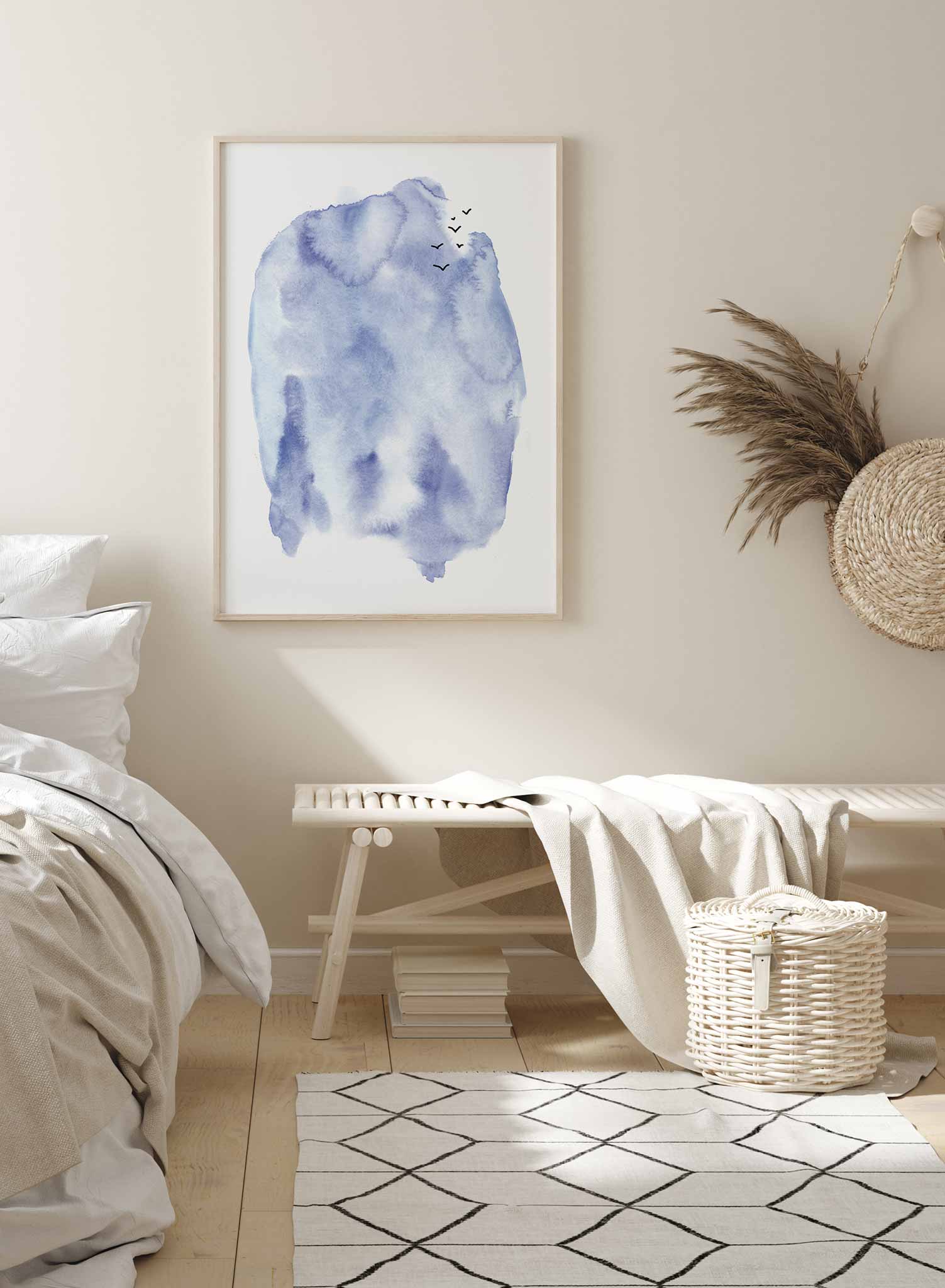 Nautical Dream is a minimalist illustration of a hazy blue cloud with birds flying out of it by Opposite Wall.