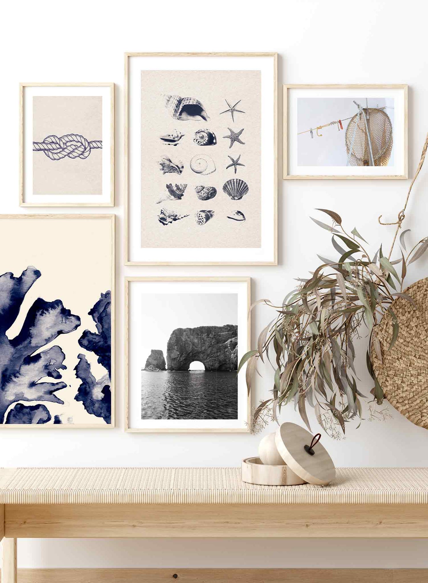 Coastal Treasures is a minimalist illustration of a collection of many and different types of seashells and starfishes by Opposite Wall.
