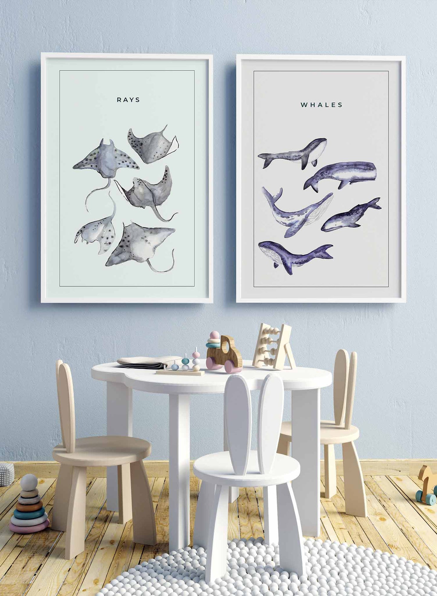 Whale Gang' is a minimalist illustration by Opposite Wall of five types of whales drawn in grey-blue colours over a light aqua blue background.