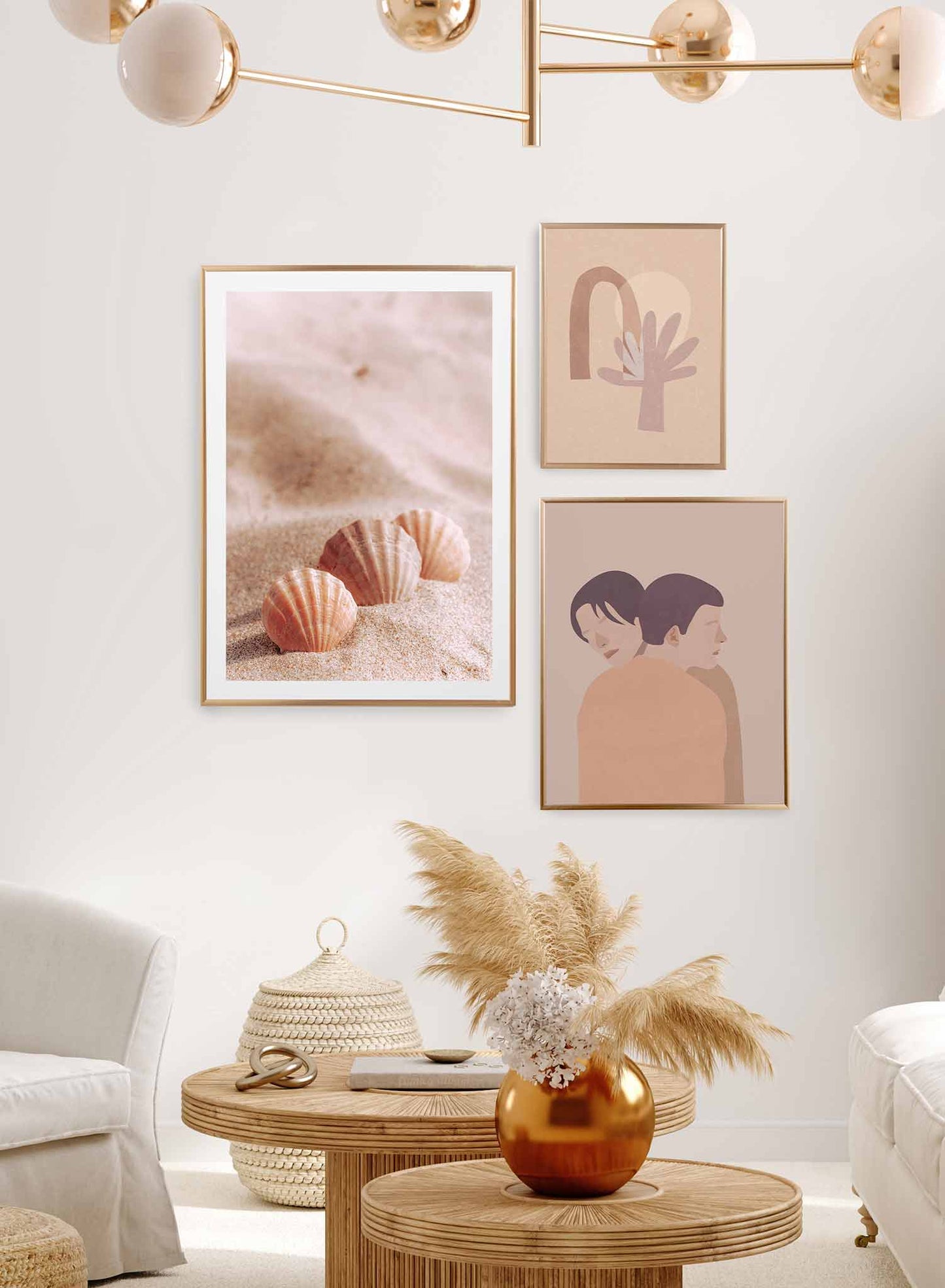 Sweet Seashells is a minimalist photography of three small pink clams on soft beige-pink sand by Opposite Wall.