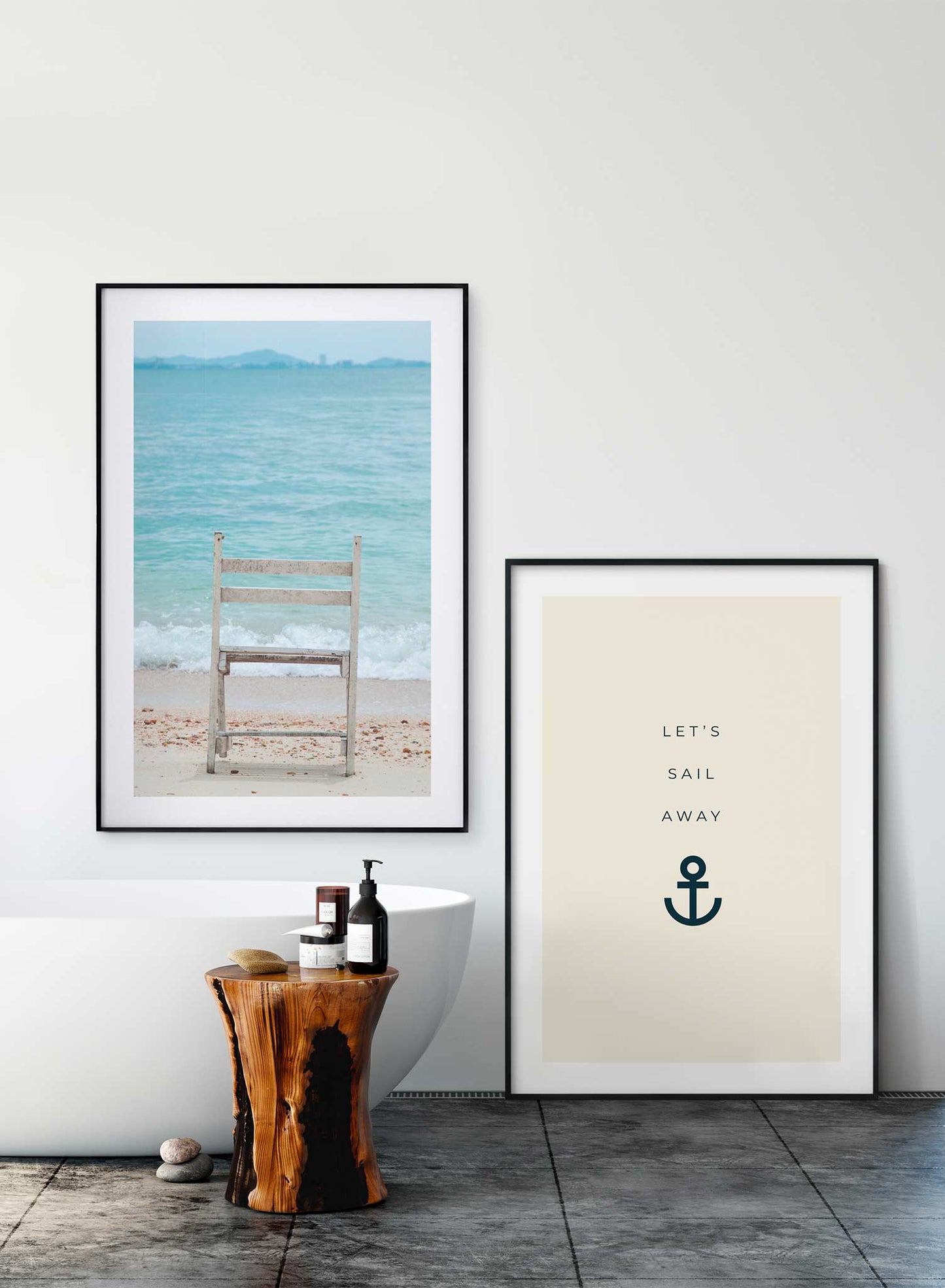 Seaside Spectacle is a minimalist photography of a wood chair on the beach overlooking the scenery of waves crashing onto the shore by Opposite Wall.