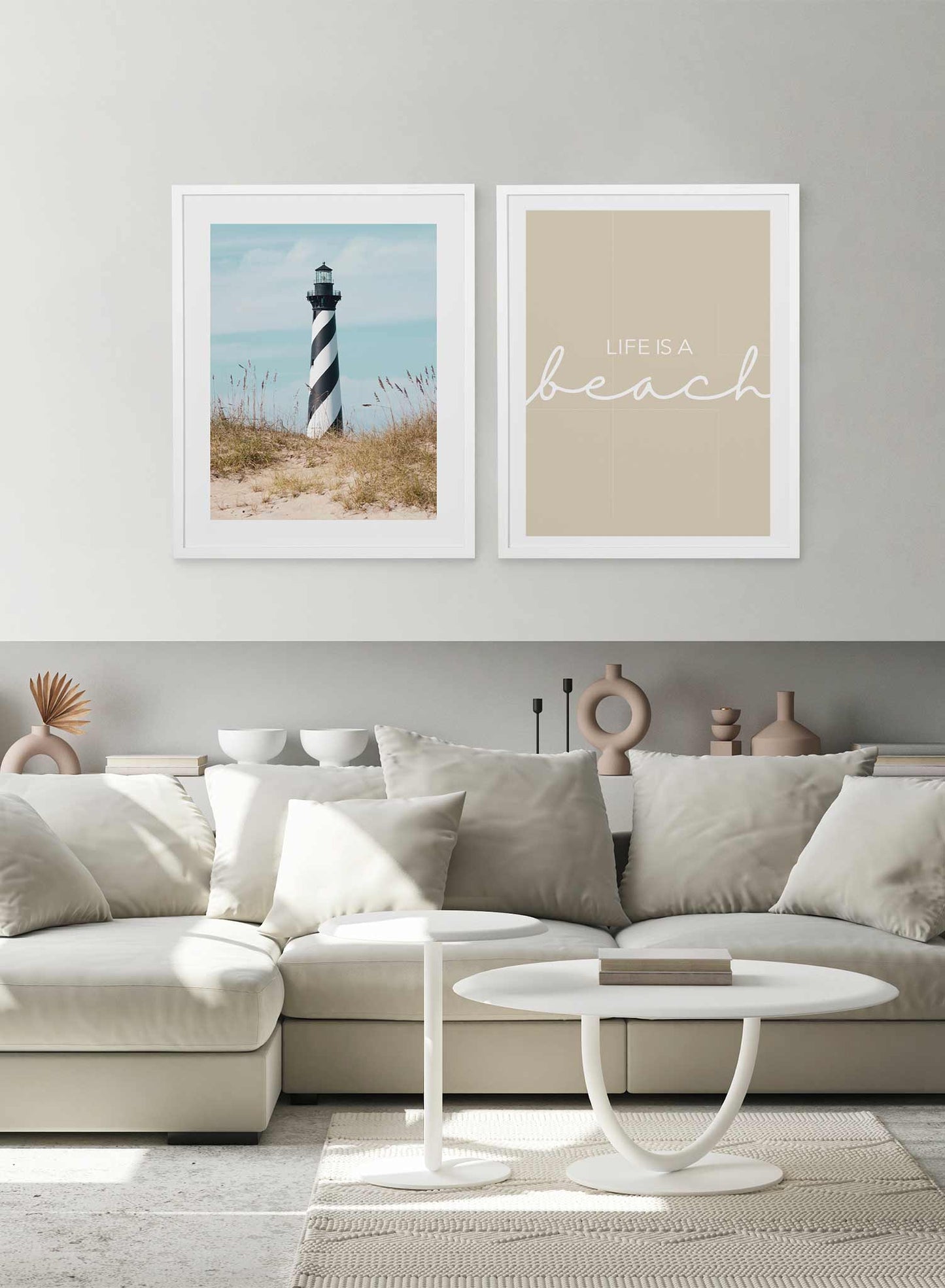 Striped Watchtower is a minimalist photography of a sandy pathway covered in beach grass leading to a swirled black and white tall lighthouse by Opposite Wall.