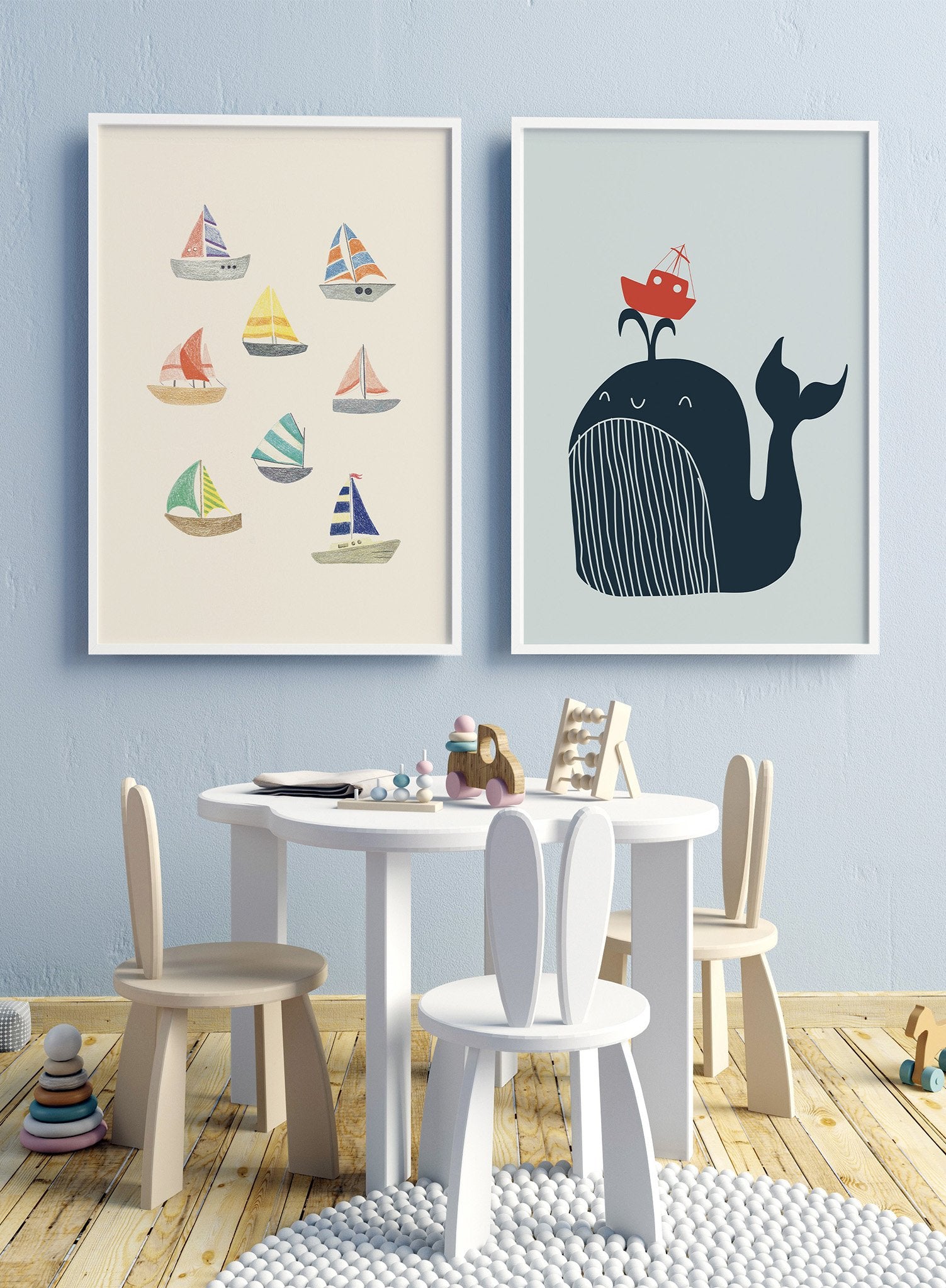 Whale Ride is a minimalist illustration of a dark blue whale with a stripped belly holding up a red boat through its blowhole by Opposite Wall.