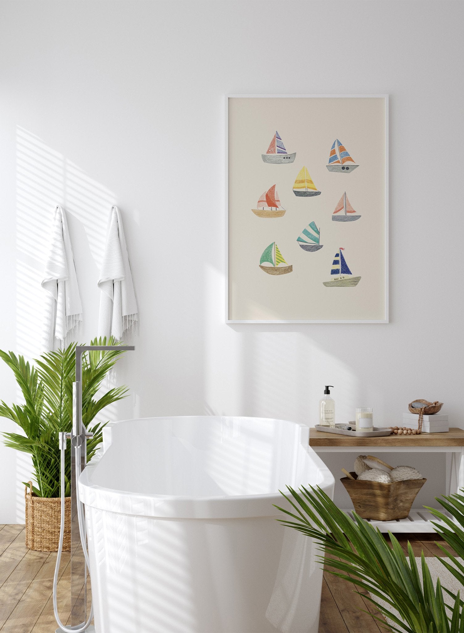 Ship Parade is a minimalist illustration of eight colourful and striped sailboats of different styles on a beige background by Opposite Wall.