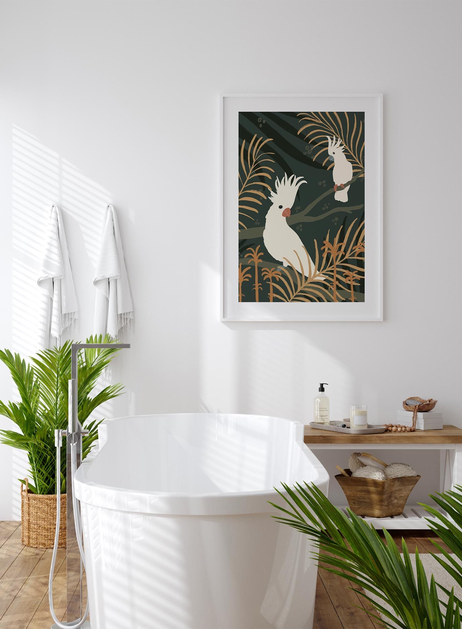 Cacatua is a minimalist illustration of two cacatuas standing on a branch in a captivating rainforest by Opposite Wall.