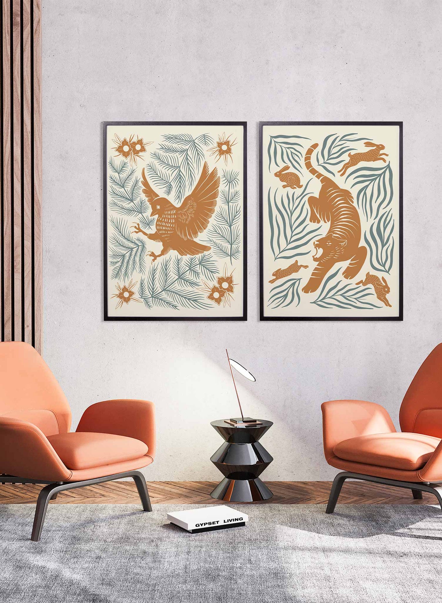 Raptor is a minimalist illustration of an orange peregrine falcon ready to grab its prey with its claws on a flora background by Opposite Wall.